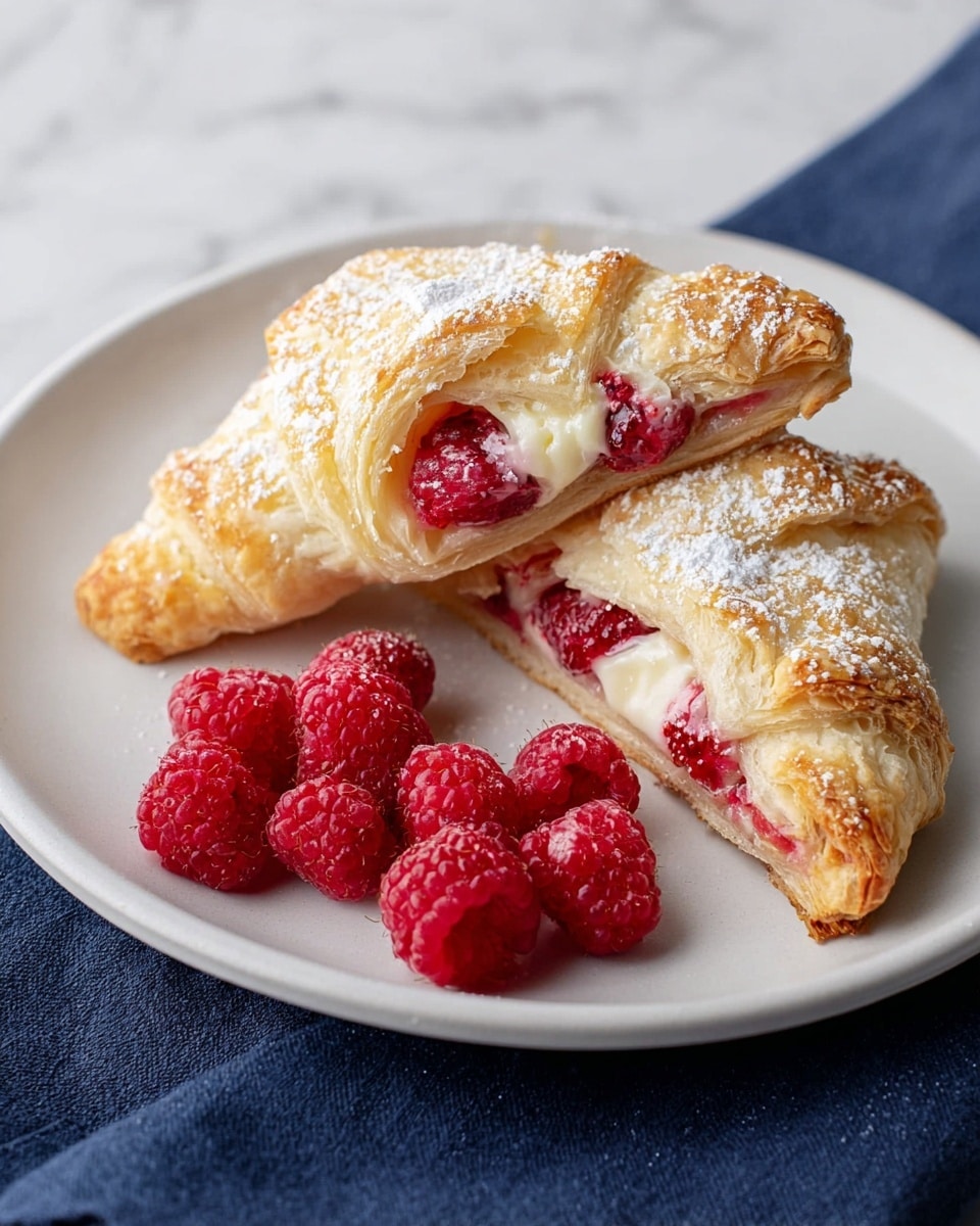 A white plate holds two golden brown puff pastry turnovers filled with bright red raspberries and creamy white filling visible from the slightly open tops. The pastries have a light dusting of powdered sugar on top, highlighting the flaky, layered texture of the dough. Next to the pastries is a small pile of fresh raspberries, vibrant and plump, adding a rich red contrast to the golden and white tones. The plate sits on a white marbled surface with a dark blue cloth partially visible on the side. Photo taken with an iphone --ar 4:5 --v 7