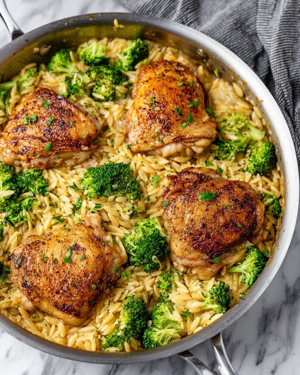 A skillet filled with a base layer of creamy light yellow orzo pasta mixed with bright green broccoli florets scattered evenly. On top, four golden brown, crispy chicken thighs are arranged, each seasoned with visible black pepper and small green parsley bits. The chicken has a textured, crunchy skin that contrasts with the soft pasta and broccoli beneath. The skillet is silver and sits on a white marbled surface, with a gray striped cloth partially visible in the background. photo taken with an iphone --ar 4:5 --v 7