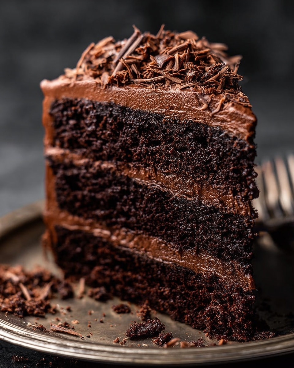 A close-up view of a three-layer dark chocolate cake slice on a vintage silver tray, each layer separated by thick, smooth chocolate frosting that looks creamy and glossy. The top layer is covered with the same rich chocolate frosting, topped with an uneven pile of dark chocolate shavings that add texture and depth. The cake looks moist and dense, with some chocolate crumbs scattered around the base on the tray. The background is a soft, blurred dark tone adding contrast to the cake's rich chocolate colors. photo taken with an iphone --ar 4:5 --v 7