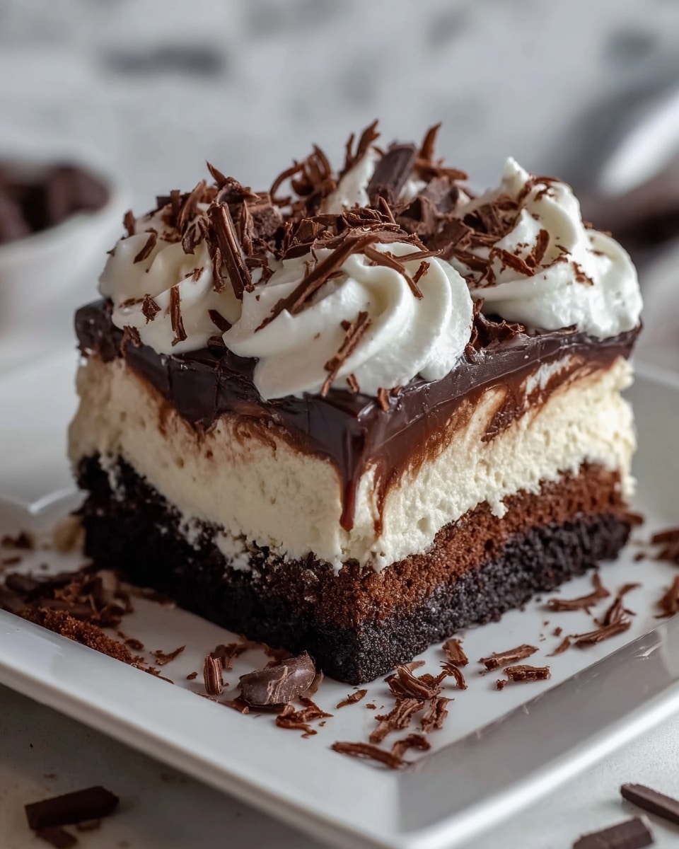 A square dessert on a white plate with three distinct layers: the bottom layer is dark brown and crumbly like a chocolate cake or brownie, the middle layer is thick and creamy off-white, and the top layer is a smooth, glossy dark chocolate ganache. The dessert is decorated with swirls of white whipped cream and dark chocolate shavings scattered on top and around the plate. The background has a blurred white marbled texture. photo taken with an iphone --ar 4:5 --v 7