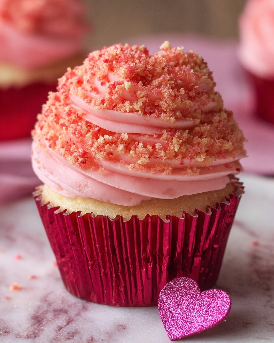 A close-up image of a single cupcake with three visible layers: the bottom layer is a soft pink cake in a shiny red foil wrapper, the middle layer is thick pink frosting with smooth, piped ridges wrapping around in a swirl, and the top layer is a generous sprinkling of red and beige crumb topping covering the frosting dome. The cupcake sits on a white marbled surface with a glittery pink heart decoration in front, adding a festive touch. Photo taken with an iphone --ar 4:5 --v 7