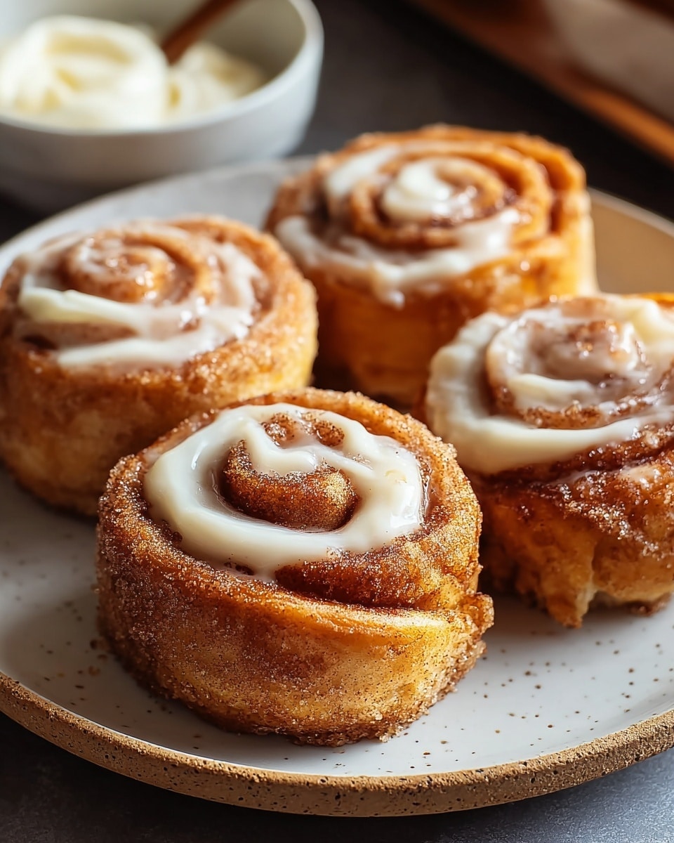 Four cinnamon rolls sit close together on a round white plate with a slightly rough surface, placed on a white marbled texture. Each cinnamon roll has two visible layers: a thick, light brown dough base with a sugar glaze and cinnamon specks on top, and a swirl of creamy white icing sitting just below the top edge, following the spiral pattern of the roll. The cinnamon sugar coating glistens under the light, giving a textured and slightly sticky appearance to the rolls. In the background, out of focus, there is a white bowl containing more icing. Photo taken with an iphone --ar 4:5 --v 7