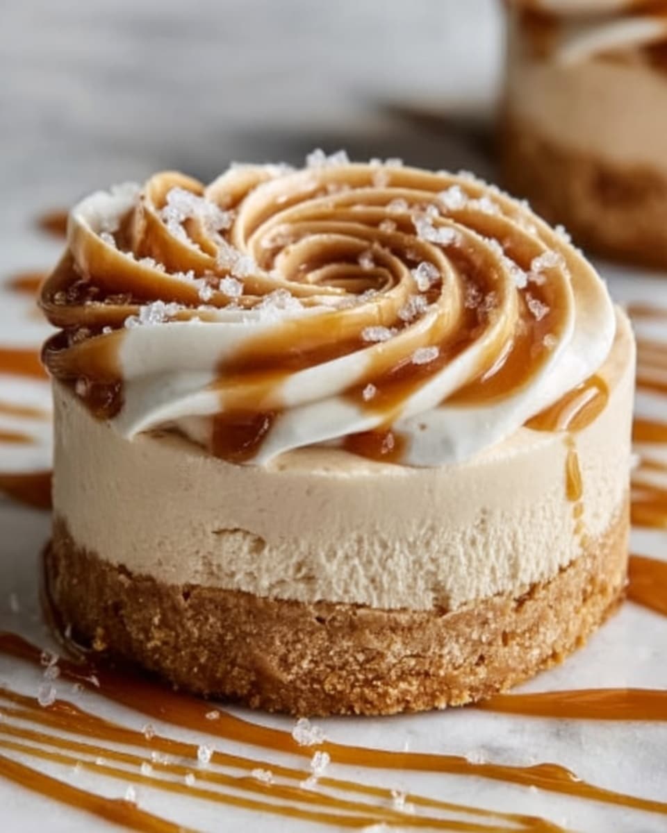 The image shows a close-up of a round dessert with three clear layers. The bottom layer is a thick, crumbly beige cookie base. On top of that is a smooth, thick, light beige cream layer. The top layer is made of swirled cream with a light brown caramel color, decorated with white salt flakes scattered on top. The dessert is placed on a white marbled surface with caramel sauce drizzled around. Photo taken with an iphone --ar 4:5 --v 7