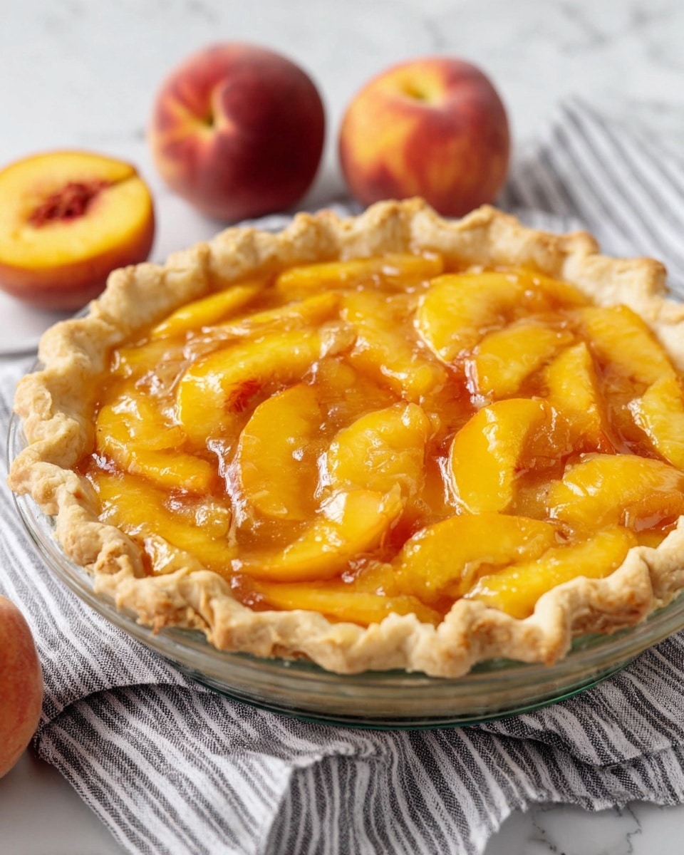 A peach pie in a clear glass pie dish with a lightly golden, flaky crust around the edges. The filling shows glossy, sliced peaches with a mix of yellow and orange tones with slight reddish spots, covered by a shiny syrupy glaze. The pie dish is resting on a gray and white striped cloth, and there are whole peaches placed around it on a white marbled surface. Photo taken with an iphone --ar 4:5 --v 7