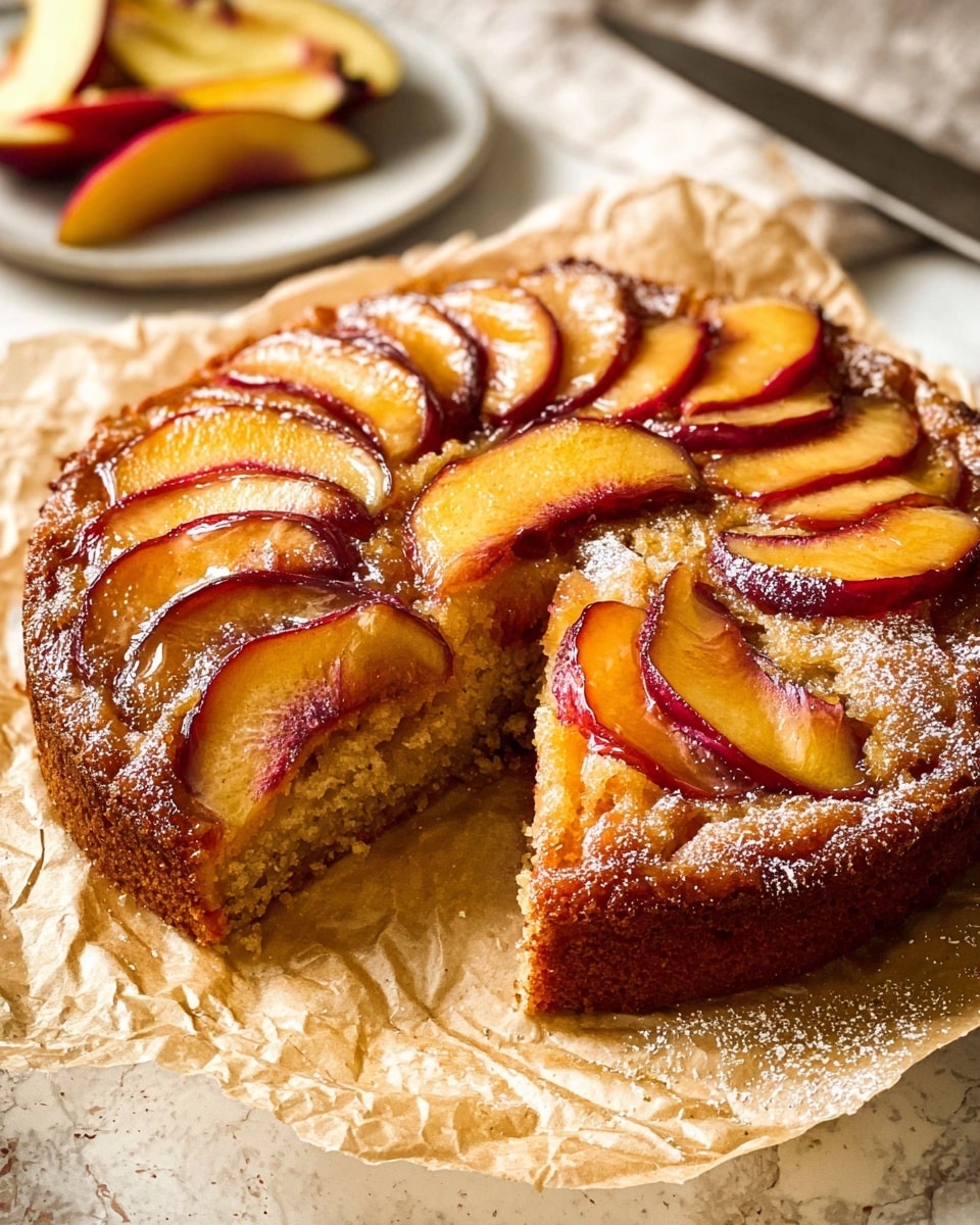 The image shows a round fruit tart with four large slices cut from it, placed on crinkled parchment paper over a white marbled surface. The tart has a golden-brown base layer that looks soft and moist. On top, there is a layer of glossy caramelized slices of yellow and reddish-orange peaches arranged in neat overlapping rows, creating a sunburst pattern. The tart is dusted lightly with powdered sugar, which adds a delicate white contrast. A few fresh peach slices and a dusting sieve are placed nearby. The background is softly blurred with neutral tones. Photo taken with an iphone --ar 4:5 --v 7