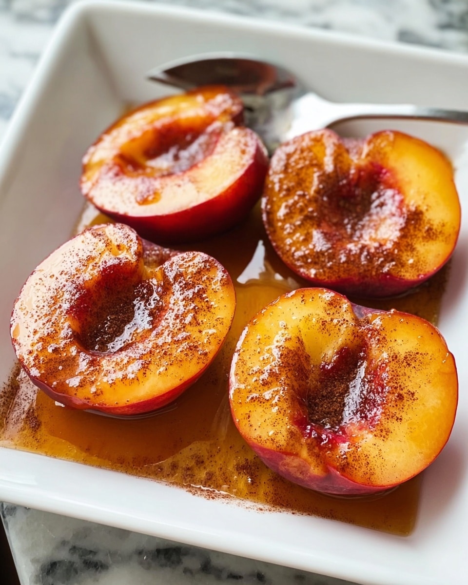 The image shows four peach halves placed in a white rectangular dish, each peach half with a smooth orange-yellow flesh with hints of red near the edges and a glossy texture from syrup covering them. The peaches are sprinkled with a fine layer of dark brown cinnamon powder, and the syrup pools slightly at the bottom of the dish, giving a shiny, sticky look. A metal fork is partially visible behind the peaches, resting inside the dish. The dish sits on a white marbled surface. photo taken with an iphone --ar 4:5 --v 7