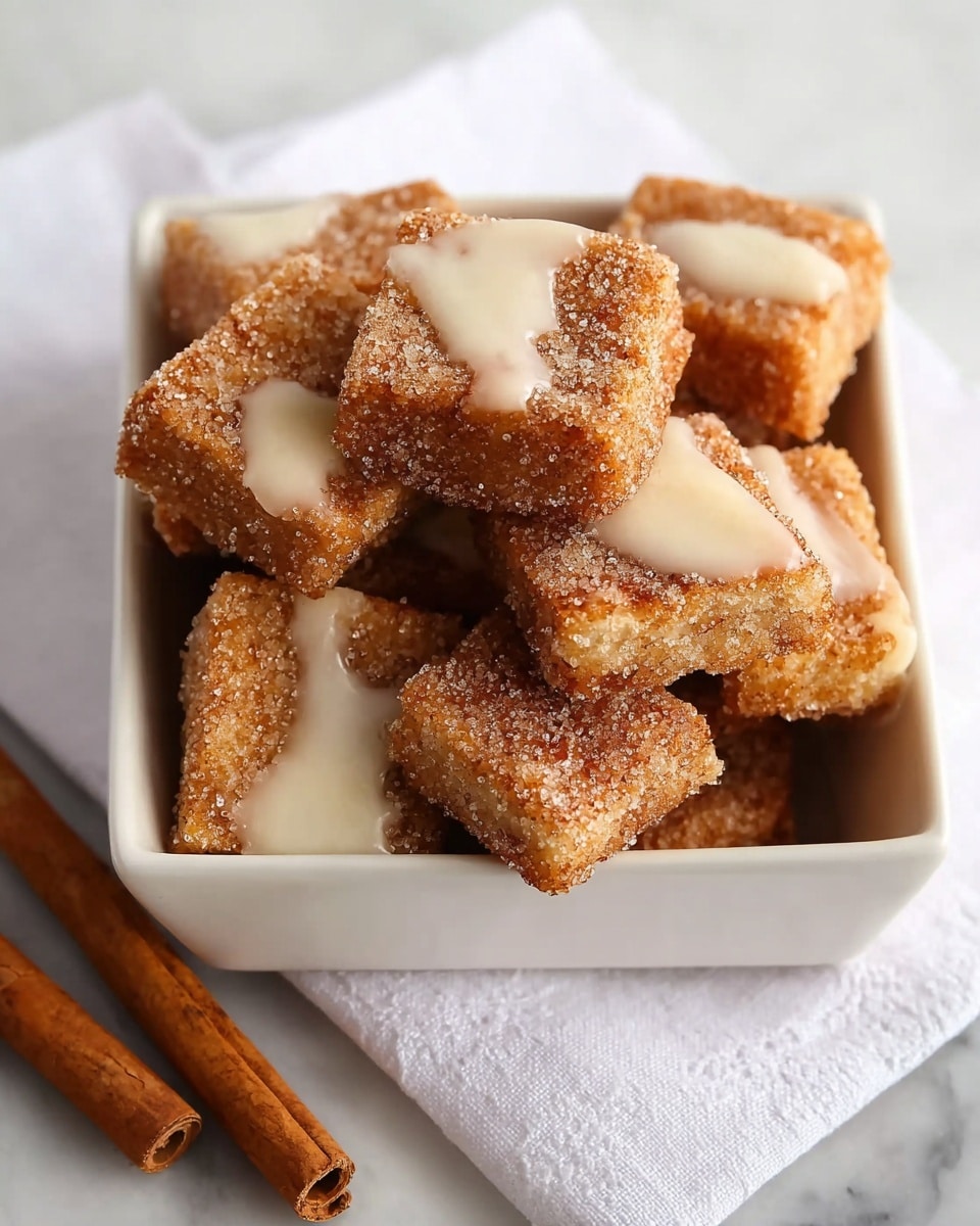 The image shows a white square dish filled with about ten small, square-shaped golden brown treats, each covered in a sparkling layer of sugar. Some pieces have a small dollop of white icing on top, creating a contrast with the rough sugar texture. The treats appear crispy on the outside with a soft interior visible on a few edges. The dish is placed on a white cloth, set on a white marbled surface. Two cinnamon sticks lie diagonally near the bottom left corner of the image. photo taken with an iphone --ar 4:5 --v 7