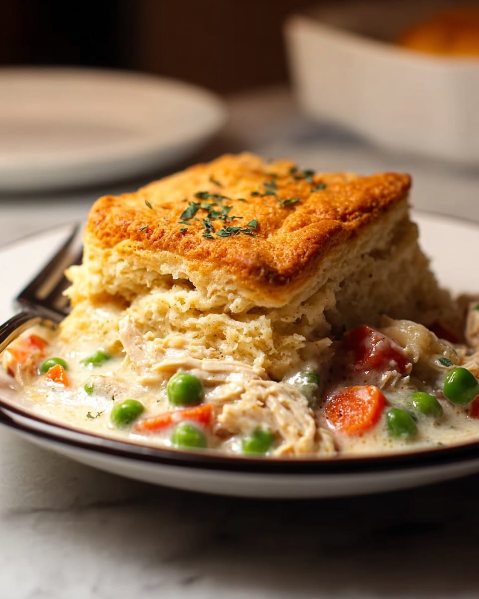 The dish shows a thick, golden-brown biscuit on top, with a slightly crispy and flaky texture and some green herb sprinkles. Beneath it, there is a creamy layer filled with chunks of white chicken, bright orange carrot pieces, and green peas, all coated in a light beige sauce. The whole dish is served in a shallow white plate placed on a white marbled surface, with the background softly blurred out. Photo taken with an iphone --ar 4:5 --v 7