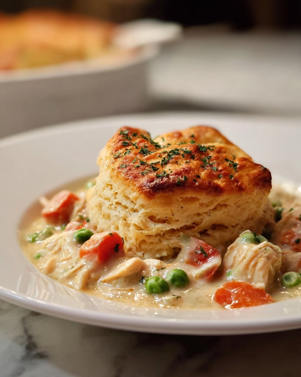 A thick square layer of golden-brown biscuit crust sits on top of a creamy mixture; beneath it are visible pieces of shredded chicken in white sauce, along with chunks of orange carrots and bright green peas scattered around the base, all placed on a white plate with a dark rim. The biscuit layer looks soft and flaky with a slightly rough texture and is garnished with small green herb pieces. The dish rests on a white marbled surface. photo taken with an iphone --ar 4:5 --v 7