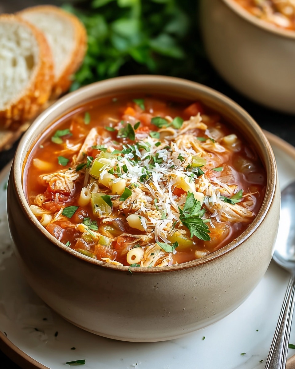 A beige ceramic bowl filled with a warm, chunky tomato-based soup resting on a white plate, all placed on a white marbled surface. The soup has visible layers of shredded chicken, small pieces of diced tomato, celery, carrot slices, and elbow macaroni. On top, it is sprinkled with grated cheese and fresh chopped parsley, adding white and green textures. In the background, slices of bread and green parsley add soft contrast, with a silver spoon on the right side. The photo taken with an iphone --ar 4:5 --v 7