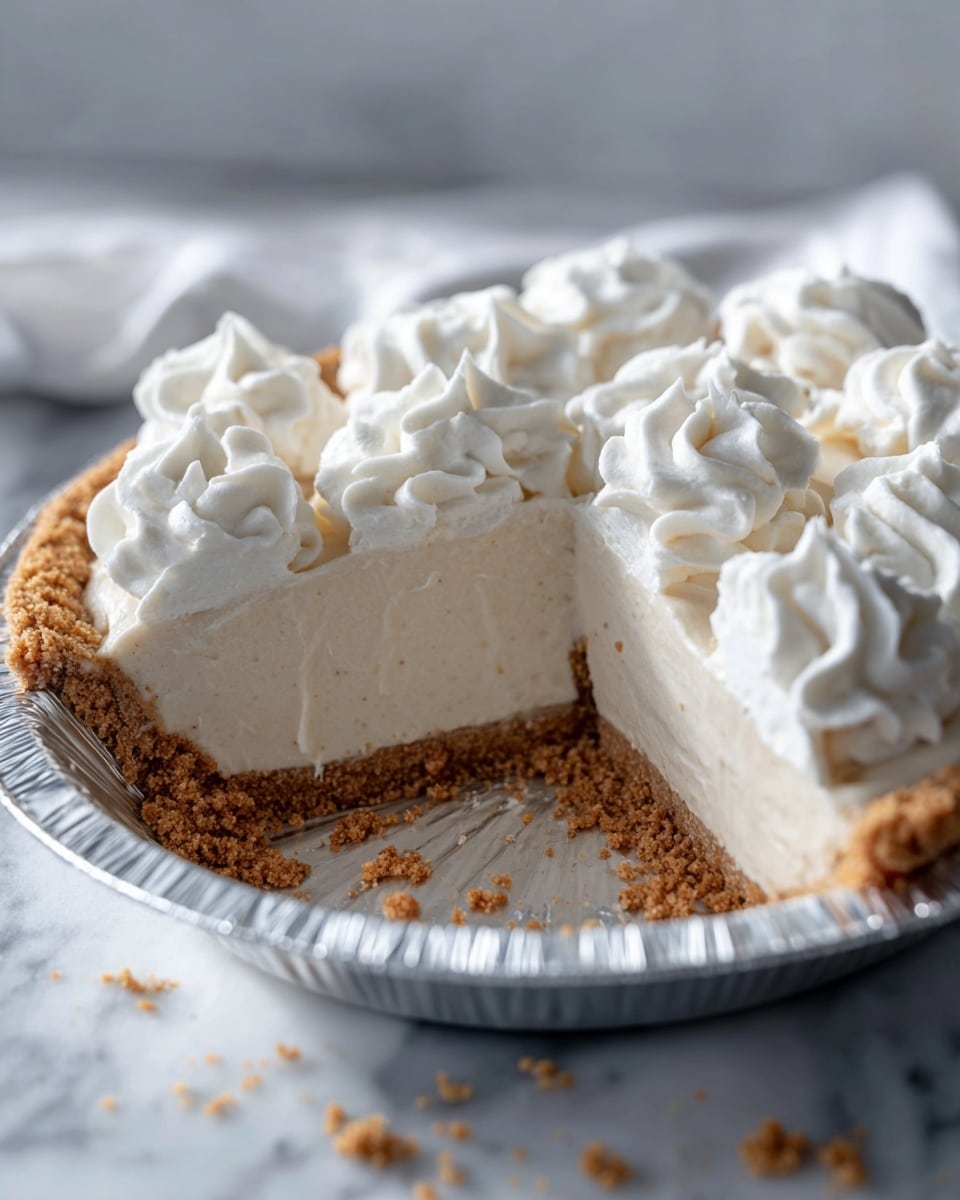 The image shows a creamy white pie with two clear layers: the bottom layer is a golden brown crumbly crust, and the thick top layer is smooth, pale white filling with soft, wavy swirls on top. Around the edge, there are large dollops of white whipped cream, neatly spaced and slightly ruffled. The pie is in a silver foil pie pan placed on a white marbled surface, with some crumbs scattered inside the pan where a slice is missing. The scene is in soft natural light, highlighting the textures and layers of the pie. photo taken with an iphone --ar 4:5 --v 7