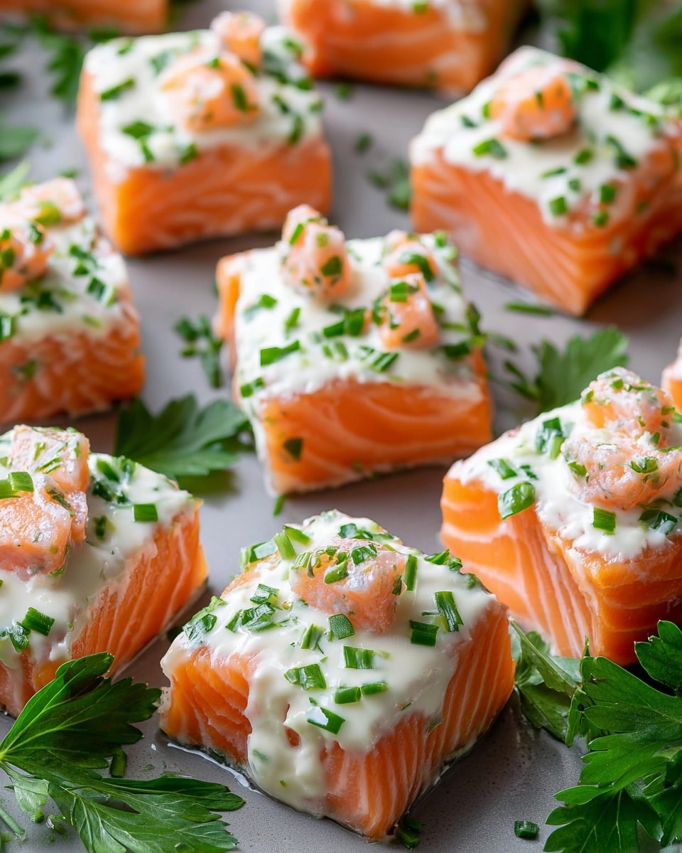 Small square pieces of bright orange salmon are laid out on a light gray surface, each piece topped with a layer of thick, creamy white sauce. On top of the sauce, there are small chunks of pink salmon and green chopped herbs sprinkled all over. Around the salmon pieces, fresh green parsley leaves are scattered, adding a burst of color. The salmon’s texture shows clear lines of fat within the flesh. photo taken with an iphone --ar 4:5 --v 7
