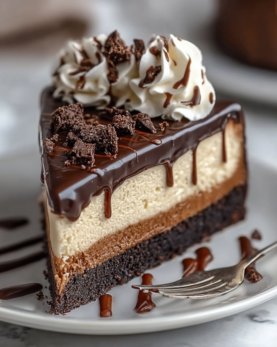 A slice of creamy cheesecake with two layers sits on a white plate with a white marbled texture background. The bottom layer is a dense, dark chocolate crust with a crumbly texture, topped by a thick, smooth, pale cream cheesecake layer. On top, there is a dollop of soft white whipped cream, garnished with a drizzle of dark chocolate sauce that runs down the sides of the cheesecake. There are small piles of chocolate crumbs scattered near a silver fork next to the slice. Photo taken with an iphone --ar 4:5 --v 7