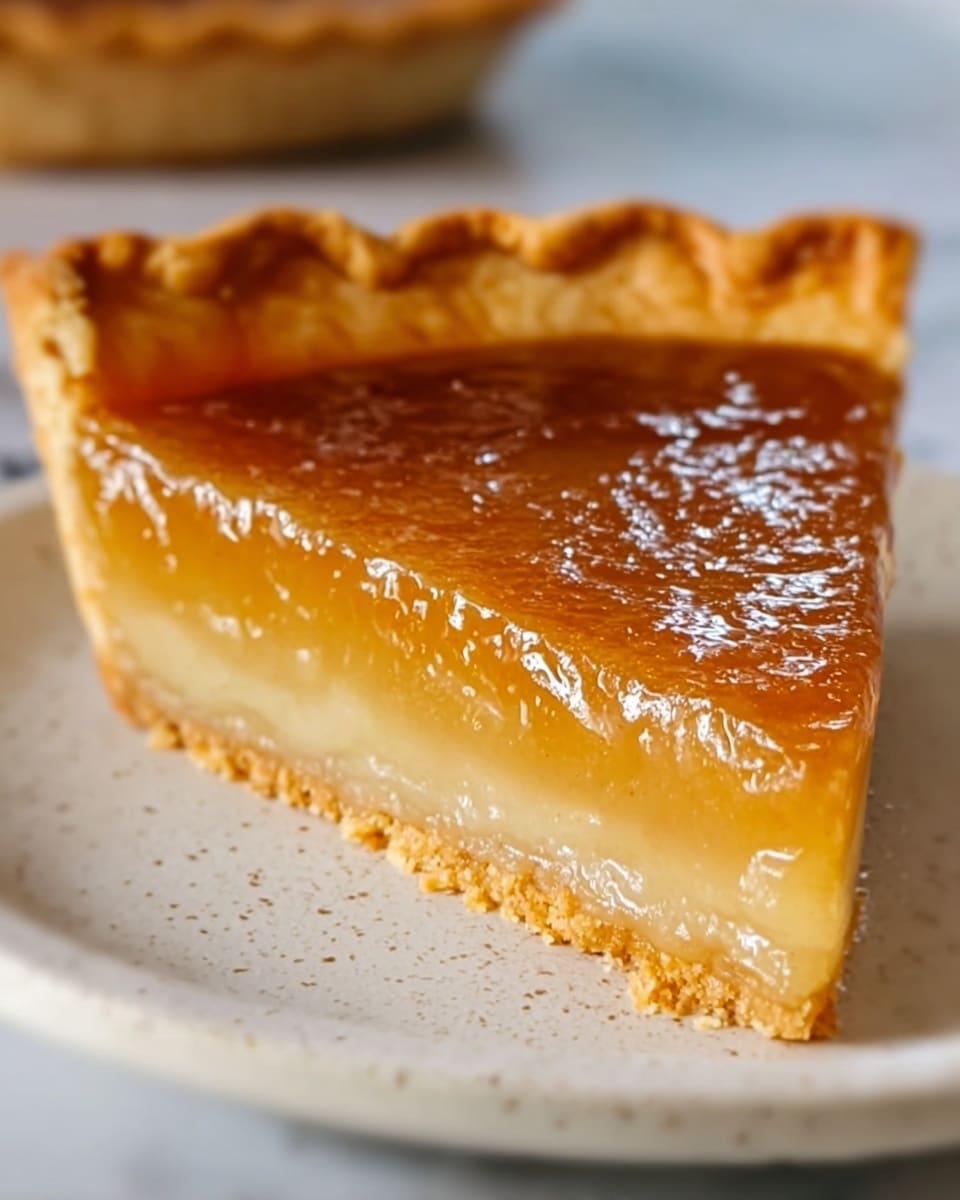 The image shows a single slice of pie on a white plate. The pie has three visible layers: the bottom crust layer is thin and golden brown with a slightly crumbly texture; the middle layer is a thick, smooth, pale yellow filling with a glossy surface; the top layer is a shiny, darker golden brown glaze that looks slightly sticky and reflective. The edge of the crust has a fluted pattern and is well-baked with a crisp texture. The plate rests on a white marbled surface with hints of a woman's hand holding the plate gently from the side, and the background is softly blurred with warm tones. Photo taken with an iphone --ar 4:5 --v 7