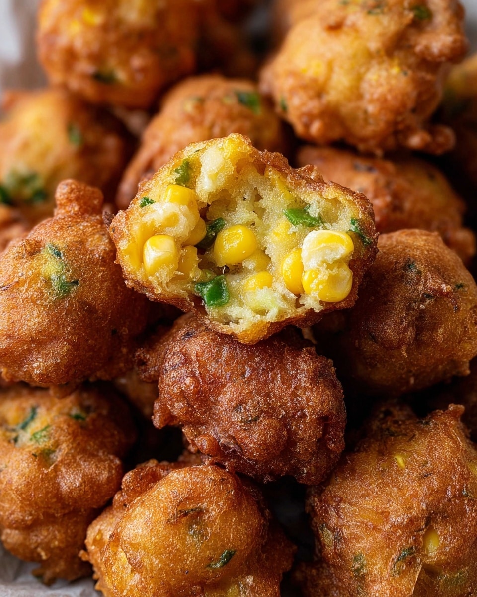 A close-up view of a pile of small, round fried fritters with a crispy golden-brown outside. One fritter is broken open and placed on top, showing a soft inside filled with bright yellow corn kernels and pieces of green pepper, mixed with light fluffy batter. The fritters have an uneven, bumpy texture, with some green herb bits visible on the surface. The image is detailed, capturing the contrast between the crunchy exterior and the moist, colorful filling inside. Photo taken with an iphone --ar 4:5 --v 7