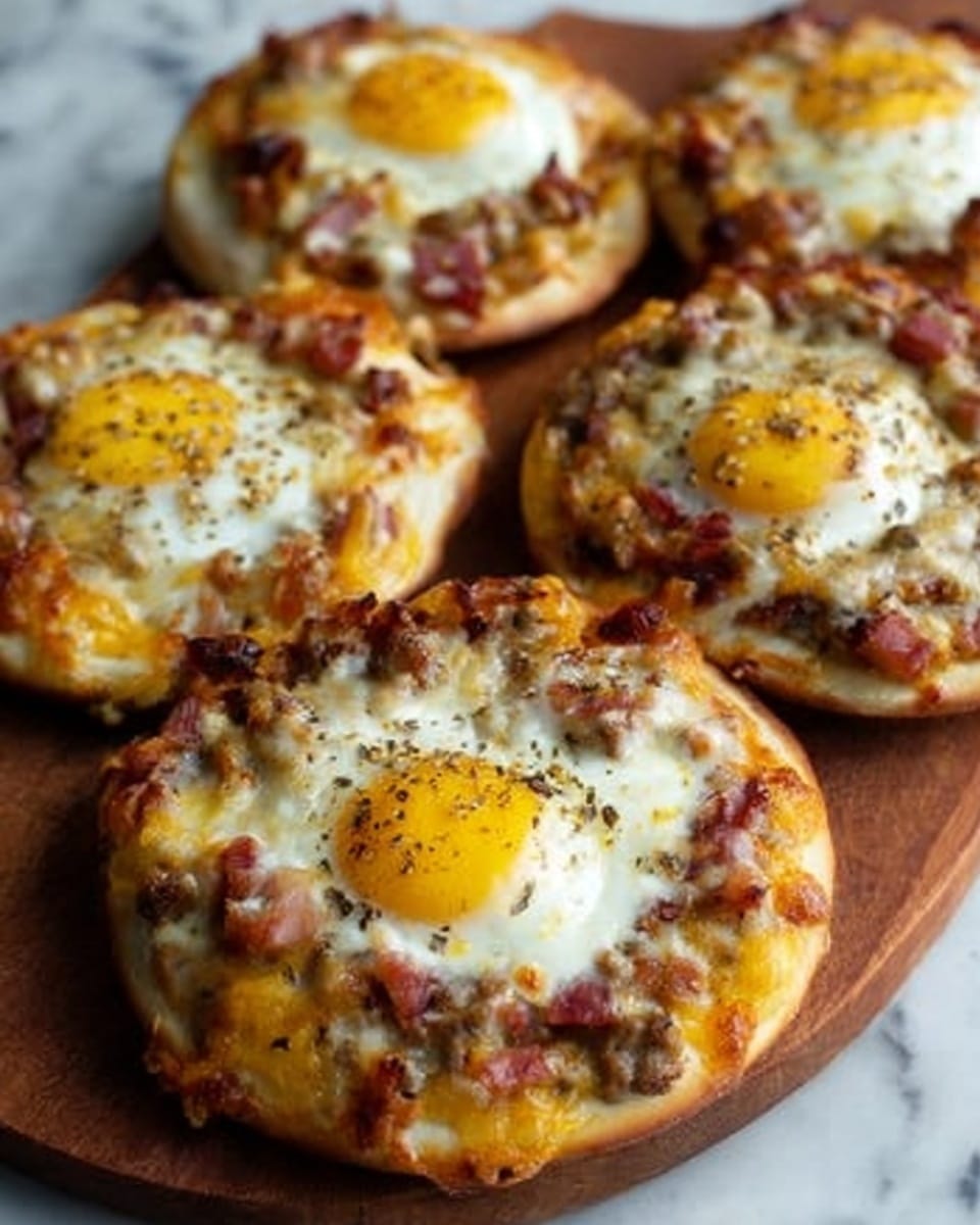 The image shows five small round pizzas on a wooden board. Each pizza has a thick, golden-brown crust as the bottom layer. On top of the crust, there is a layer of melted yellow cheese mixed with bits of cooked ham and small pieces of ground meat. Each pizza has a cooked fried egg with bright yellow yolk in the center, slightly cracked and glistening, with pepper sprinkled on top. The textures of the cheese and meat look gooey and crispy in parts, and the eggs look soft and fresh. The background is a white marbled surface. Photo taken with an iphone --ar 4:5 --v 7