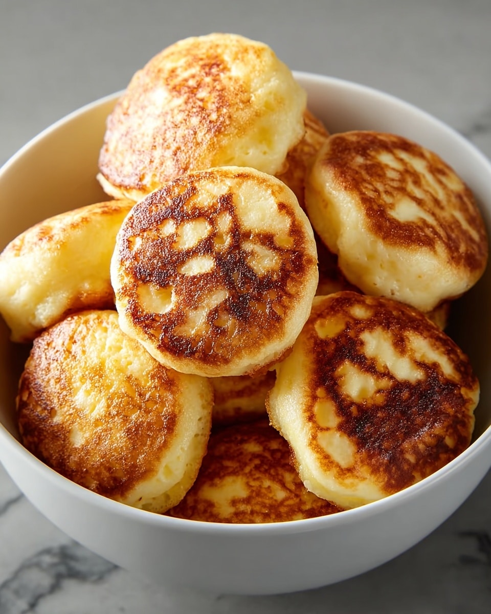 A white bowl filled with several small, round, golden-brown cheese pancakes tightly packed inside; each pancake has a lightly crispy, browned top layer and soft, pale yellow sides, showing a slightly rough texture. The bowl sits on a white marbled surface, and the light highlights the shiny, cooked edges of the pancakes, making them look warm and fresh. photo taken with an iphone --ar 4:5 --v 7