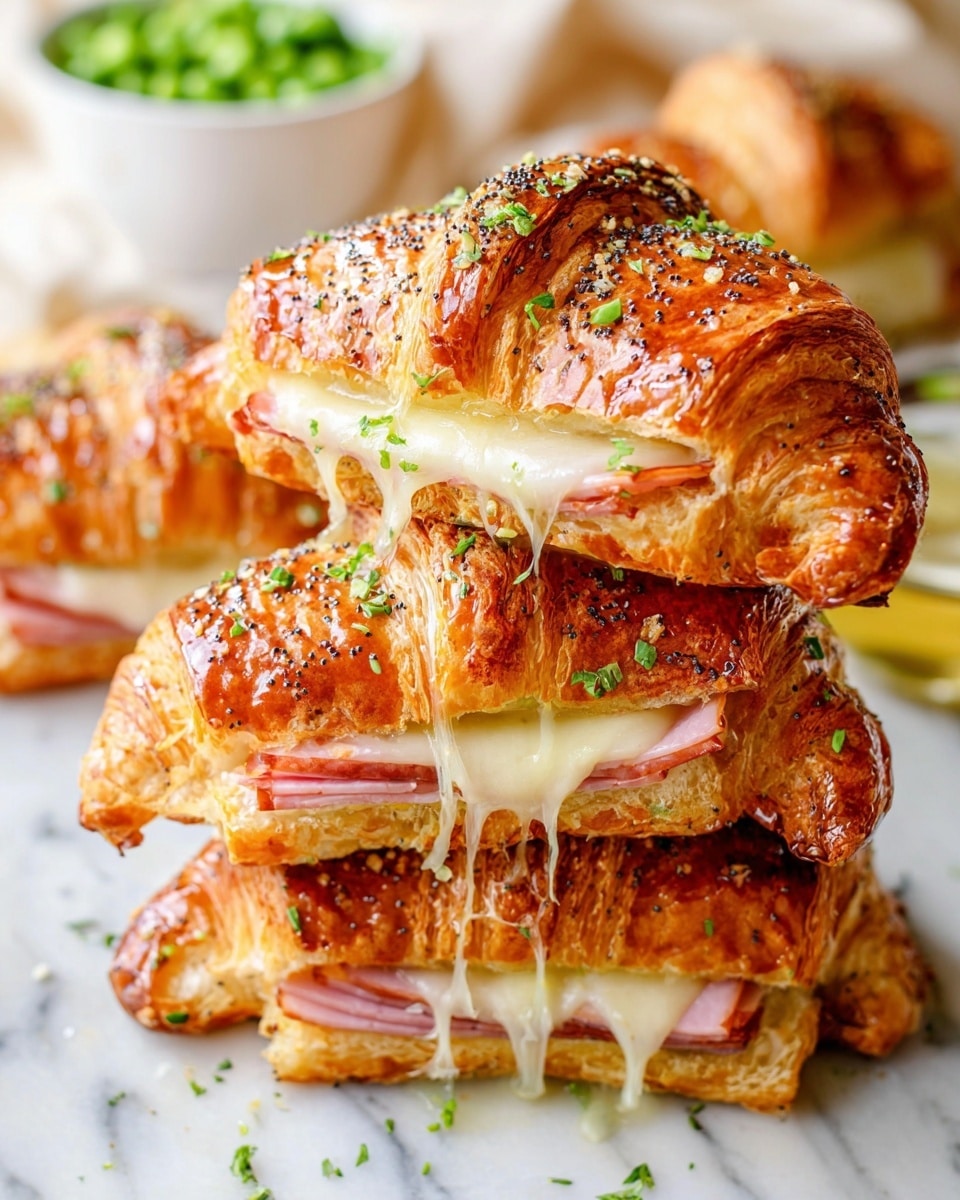 A close-up of four croissant sandwiches stacked and placed on a white marbled surface, each croissant is golden brown with a shiny, slightly glossy crust sprinkled with poppy seeds and small green chopped herbs on top. The sandwiches are cut in half, showing layers inside: the bottom layer is the flaky croissant, then a layer of thin pink ham slices, followed by melted white cheese oozing out, and topped with the other half of the croissant. In the background, there is a white bowl with green peas slightly out of focus. The image is bright and detailed, showing the texture of the flaky croissant and melted cheese, photo taken with an iphone --ar 4:5 --v 7