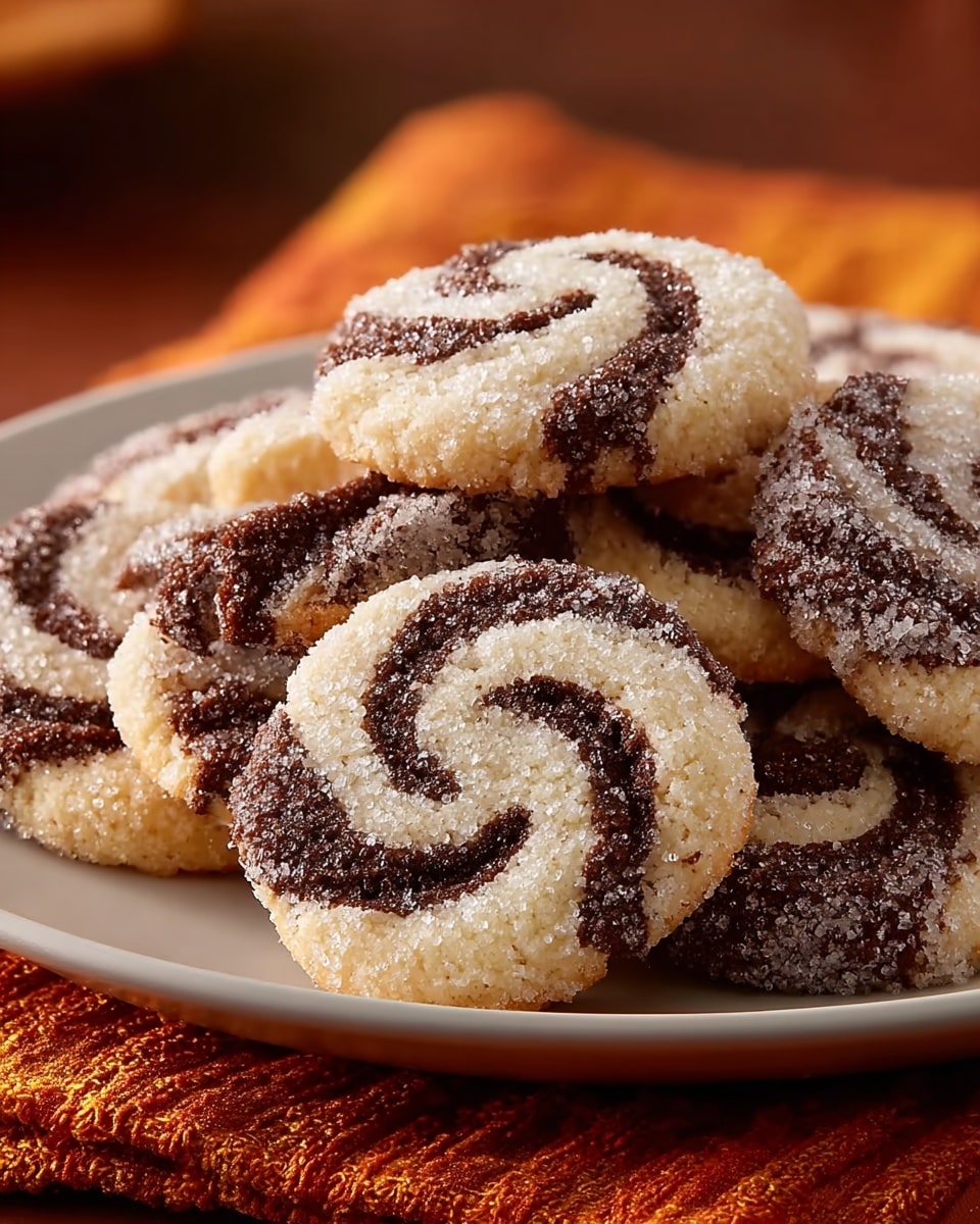 A white plate holds a pile of round swirl cookies, each cookie showing two spiral layers—one layer light beige and crumbly, the other dark brown and chocolaty—with the entire surface dusted heavily with fine white sugar crystals giving a sparkling effect. The plate rests on an orange cloth with textured folds, and the background is softly blurred in warm tones. photo taken with an iphone --ar 4:5 --v 7
