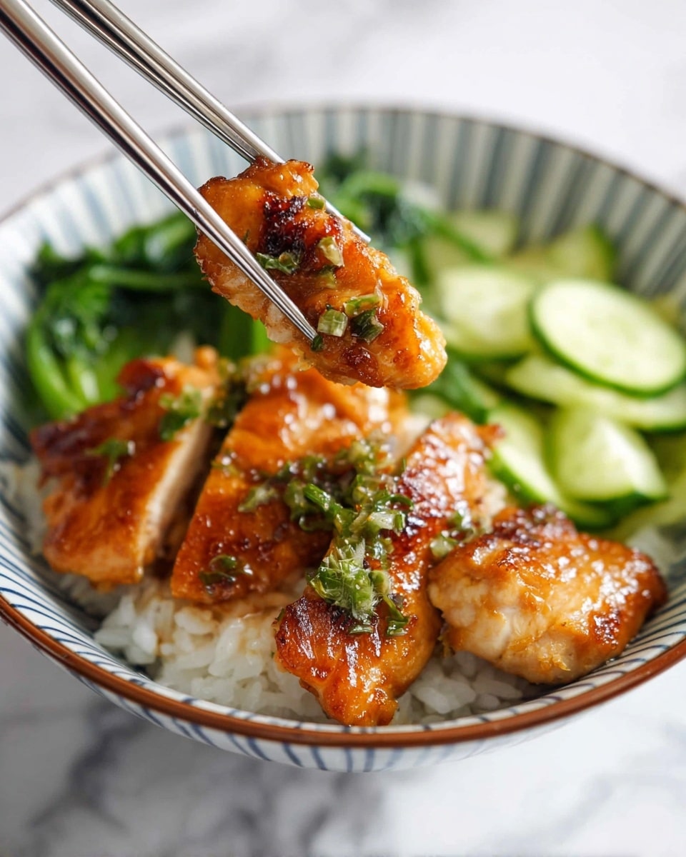 The image shows a bowl with a base layer of white rice, topped with five pieces of golden-brown grilled chicken pieces sprinkled with small green herbs. On one side of the bowl, there are green leafy vegetables and sliced green vegetables resembling cucumber. A piece of grilled chicken is held up close to the camera by silver chopsticks, showing a shiny and slightly crispy texture with a green herb on top. The bowl is white with blue vertical lines and a thin brown rim. The background is a white marbled texture. photo taken with an iphone --ar 4:5 --v 7