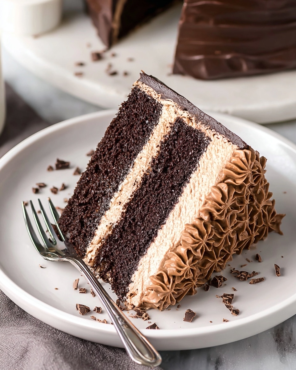 A slice of rich chocolate cake with two thick, dark brown layers of moist cake separated by a light brown creamy frosting layer in the middle. The bottom and side edges have a decorative border made of the same light brown frosting, piped in a star shape. The cake is on a clean white plate with a silver fork resting beside it, and small dark chocolate crumbs are scattered on the plate. The background features a white marbled texture and some chocolate pieces in the distance. photo taken with an iphone --ar 4:5 --v 7