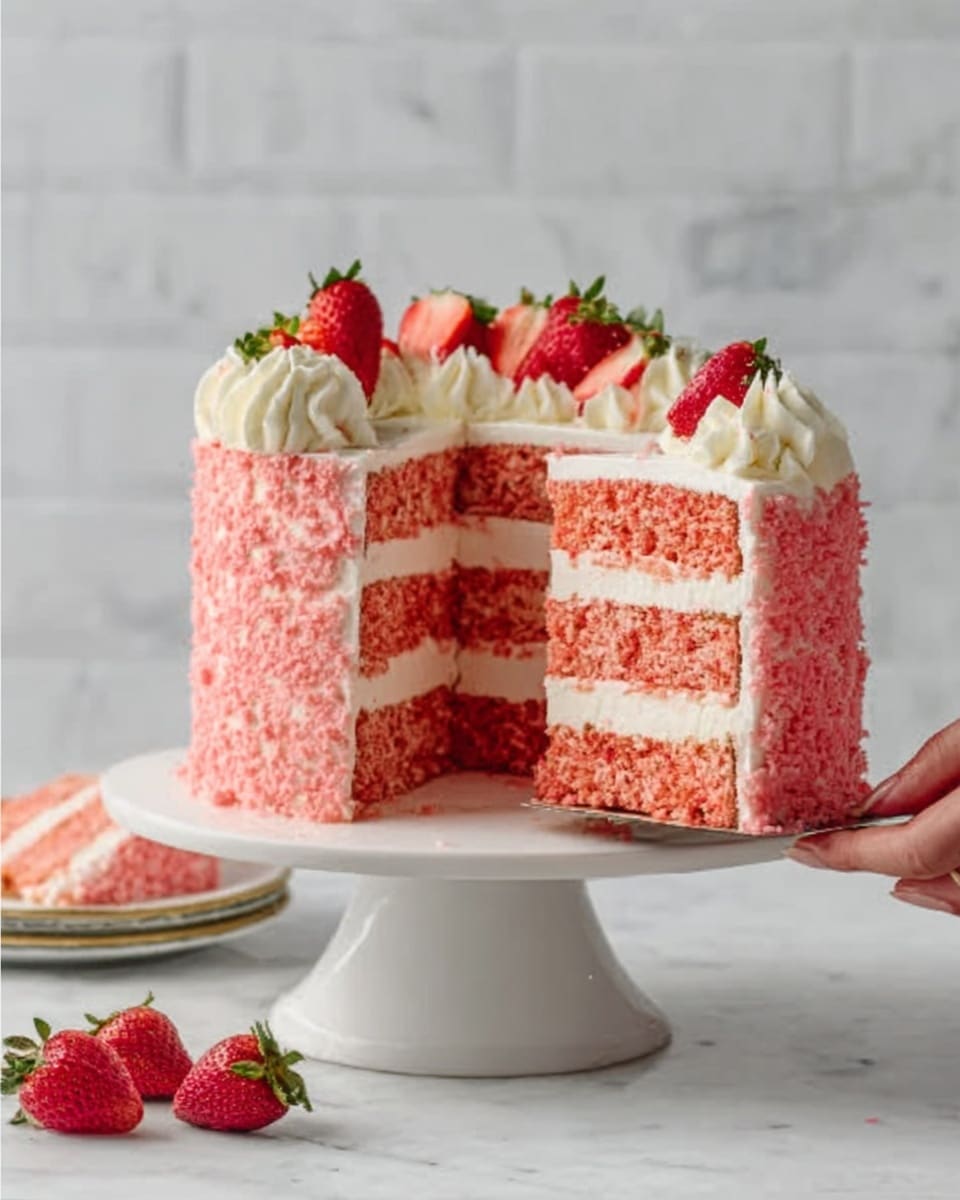The image shows a tall, layered strawberry cake on a white cake stand against a white marbled background. The cake has five pink layers separated by white creamy frosting. The cake's outer side is covered with a crumbly pink coating and topped with whole fresh strawberries and dollops of white frosting. A woman's hand is lifting a slice of the cake, showing the clear layers inside. Additional strawberries are placed on the surface near the cake stand. Photo taken with an iphone --ar 4:5 --v 7