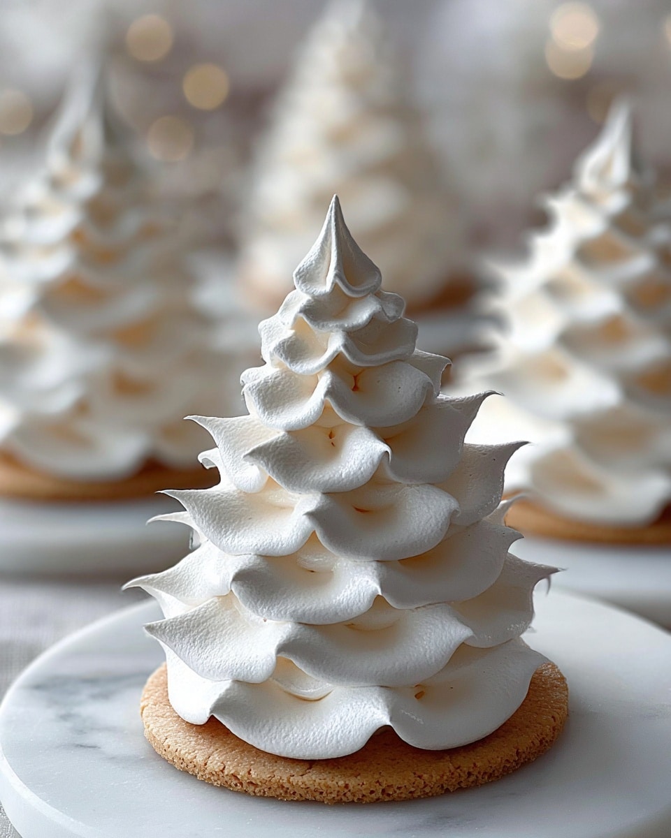 The image shows small round cookies topped with thick swirls of white cream. Each cookie has one thick white cream layer, shaped like a smooth swirl with a pointed tip, sitting right in the center. Some of the swirls are decorated with small, green spherical sprinkles placed on one side of the swirl. The cookies are arranged close together on a dark, round metal tray with a textured, slightly worn look. The background is a white marbled texture. photo taken with an iphone --ar 4:5 --v 7