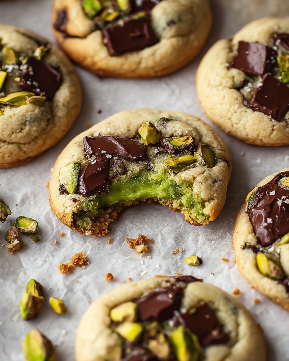 The image shows several soft, round cookies with a slightly golden-brown edge and a light beige dough base. Each cookie is studded with chunks of melted dark chocolate on the surface, and bright green whole pistachios scattered unevenly, giving texture and color contrast. One cookie in the center is bitten, revealing a smooth, vibrant green pistachio filling inside, with the dough slightly cracked around it. The cookies are placed on a white marbled textured surface with some small crumbs and pistachio pieces scattered near them. The lighting is warm and natural, highlighting the melty chocolate and nutty texture. Photo taken with an iphone --ar 4:5 --v 7
