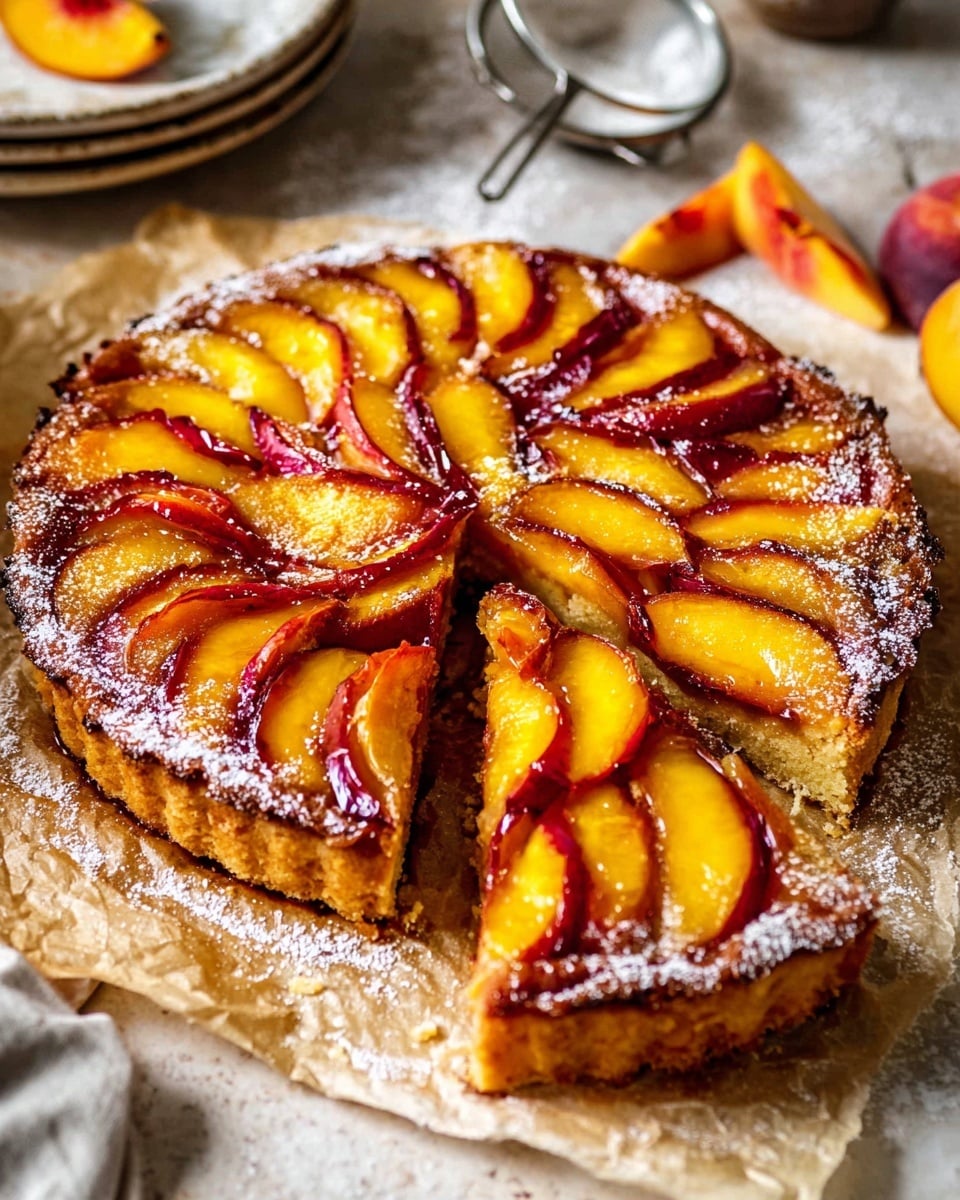 A round cake with a single thick layer of soft, crumbly golden brown base topped with a neat layer of sliced peaches arranged in a circular pattern, their edges slightly caramelized to a rich amber color. The peach slices are glossy with a light glaze and lightly dusted with powdered sugar, sitting on crumpled light brown parchment paper. In the background, there is a white marbled surface with a knife and some peeled apple slices visible. photo taken with an iphone --ar 4:5 --v 7