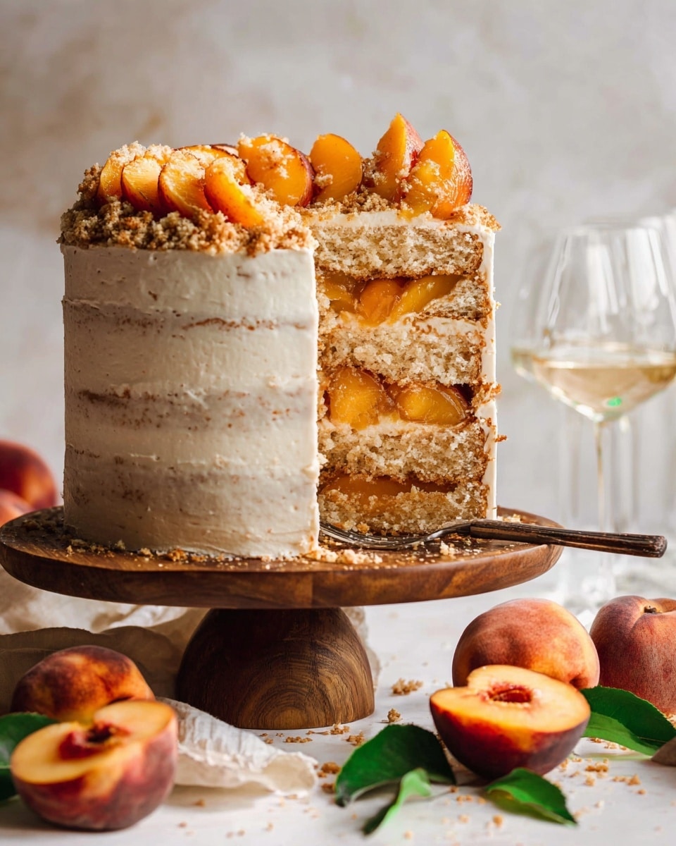 A tall three-layer cake on a wooden stand with white frosting covering the outside, each layer showing light beige sponge cake with thick orange peach filling between them; the top is decorated with whole peach slices and sprinkled with crumbly bits, a fork with a dark handle is resting at the base of the cut section; fresh peaches with green leaves are scattered on a white marbled surface around the stand, and two clear glasses of white liquid are blurred in the background. Photo taken with an iphone --ar 4:5 --v 7
