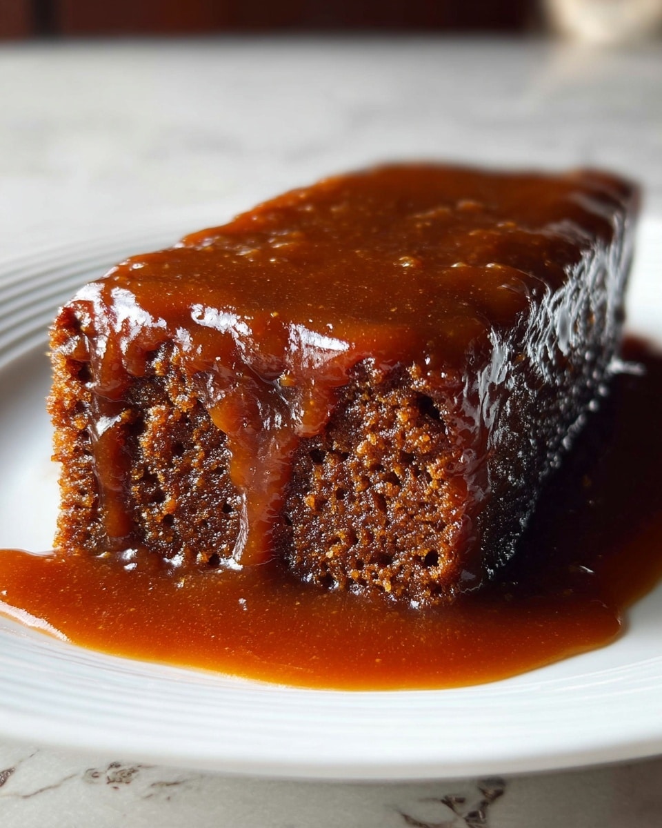 A single rectangular piece of moist, dark brown cake sits on a white plate, covered thickly with a shiny, rich caramel sauce that drips down the sides and pools around the base. The cake's texture looks soft and crumbly with visible small air holes. The caramel topping has a smooth, glossy surface with uneven spots showing its sticky, gooey nature. The whole dessert is photographed on a white marbled texture surface in soft natural light, highlighting the contrasts of the moist cake and glossy caramel. photo taken with an iphone --ar 4:5 --v 7