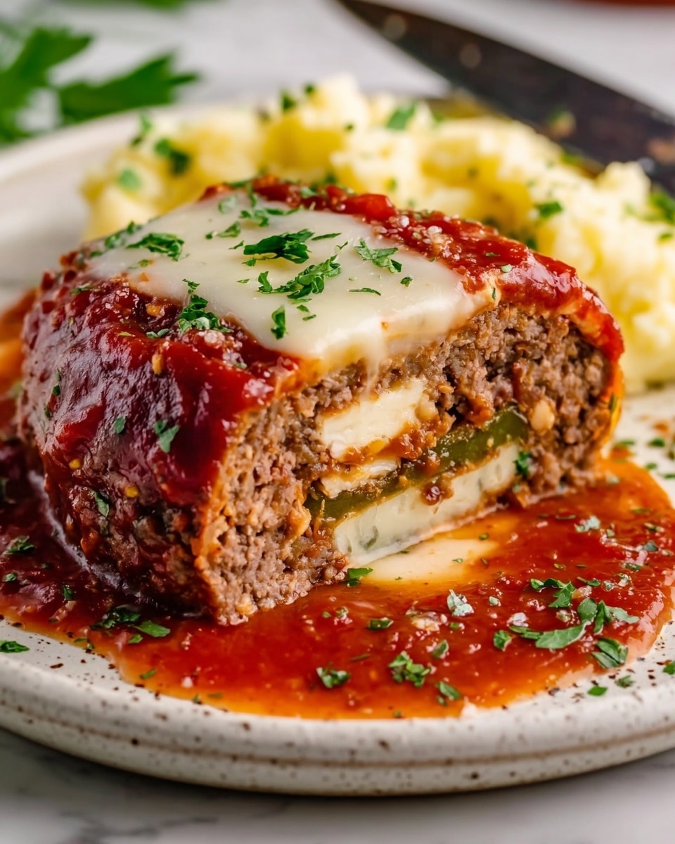 The image shows a close-up of a sliced meatloaf with three visible layers: a thick, finely ground brown meat mixture with green pepper pieces inside forms the main body, a bright red tomato sauce covers the top and sides, and slices of melted white cheese layered over the sauce create a glossy finish. The meatloaf sits on a large white plate with a speckled design, with extra tomato sauce pooling around it, and sprinkled with small bits of fresh green herbs. To the right on the plate, there is a portion of light yellow mashed potatoes with a slightly chunky texture and a few green herb pieces. The scene is set on a white marbled surface, and a knife is visible next to the plate. photo taken with an iphone --ar 4:5 --v 7