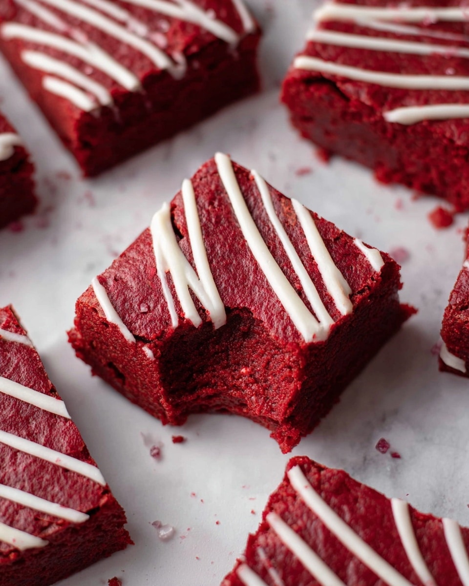 A close-up view of several square pieces of rich, red velvet brownie with a soft, dense texture; each piece is drizzled with thin white icing lines across the top layer, creating a simple striped pattern. The brownies have one thick layer of deep red color with a slightly cracked surface texture, and one brownie piece shows a bite taken from the side, revealing the moist inside. The brownies are placed on a white marbled textured surface with a few scattered small white crumbs around them. Photo taken with an iphone --ar 4:5 --v 7