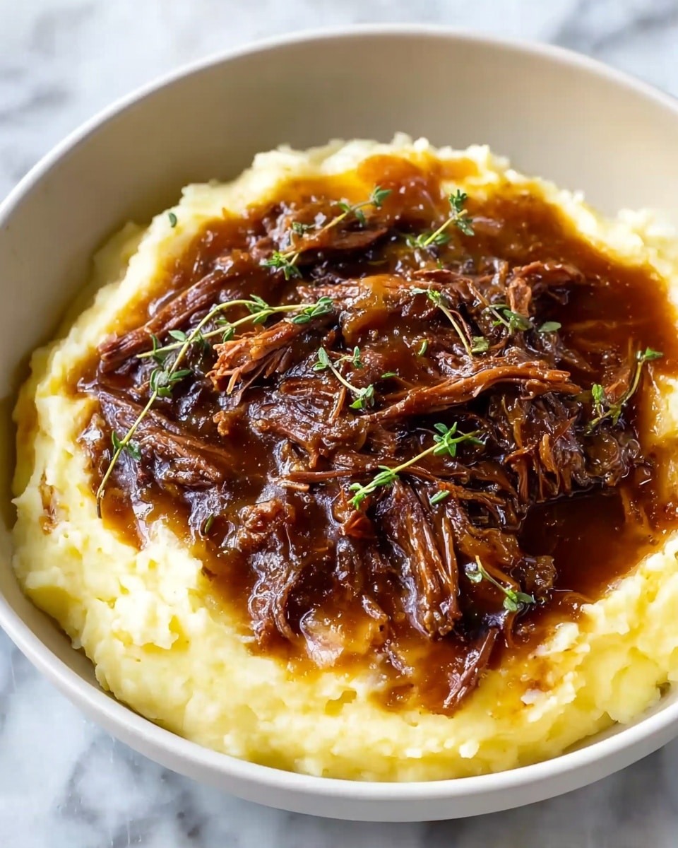 A white bowl holds a layered dish with a base of creamy, smooth mashed potatoes that are pale yellow and fluffy in texture, surrounding the inner part of the bowl. On top, there is a rich layer of shredded beef, dark brown with a tender, fibrous texture, covered in a thick, glossy brown gravy with visible onion pieces. Small green herb leaves, likely thyme, are scattered on the beef and gravy, adding a touch of fresh color. The dish is placed on a white marbled surface. photo taken with an iphone --ar 4:5 --v 7