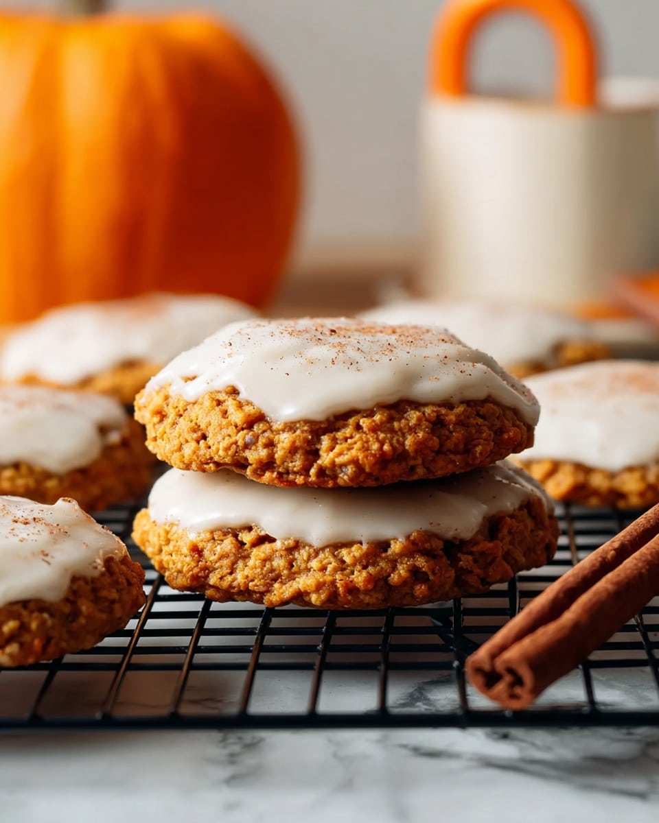 The image shows a close-up of a stack of two round pumpkin cookies on a black cooling rack, each cookie is thick with a rough, textured orange-brown base and topped with a smooth, white icing layer sprinkled lightly with cinnamon powder. Around the central stack, there are more cookies with the same two-layer design but arranged individually on the rack. Two dark brown cinnamon sticks lie horizontally to the right of the cookies. In the blurred background, a small orange pumpkin and a white object with an orange arch design are visible, all set on a white marbled surface. photo taken with an iphone --ar 4:5 --v 7