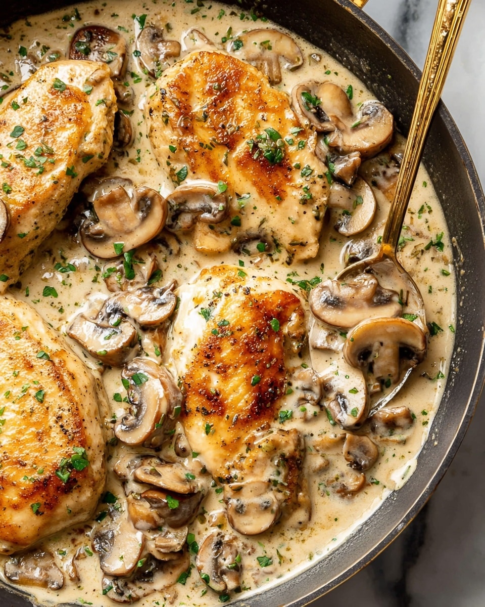 The image shows a close-up of cooked chicken breasts in a creamy mushroom sauce inside a dark pan. There are three golden-brown chicken breasts placed in the middle and left side, each topped and surrounded by sliced brown mushrooms covered in a thick, light beige cream sauce. Small green chopped herbs are sprinkled on top of the chicken and sauce. On the right side of the pan, a gold spoon holds several mushroom slices coated in the sauce. The background is a white marbled texture. photo taken with an iphone --ar 4:5 --v 7