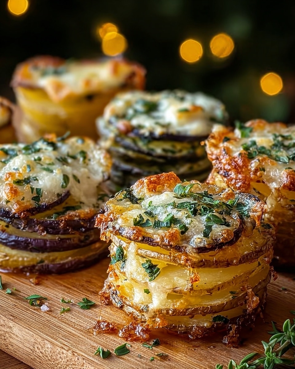 The image shows a close-up of several small stacks of thinly sliced potatoes baked with melted cheese on top, each stack having about 5 to 7 layers. The potatoes are a mix of golden yellow and a darker purple shade, with melted white cheese bubbling and browning on the top surfaces, creating a crispy texture. Each stack is sprinkled with finely chopped green herbs, adding a fresh contrast to the rich colors of the potatoes and cheese. The stacks sit on a wooden board, with small bits of herbs scattered around the base. The background is soft and blurred, with warm yellow lights visible. photo taken with an iphone --ar 4:5 --v 7