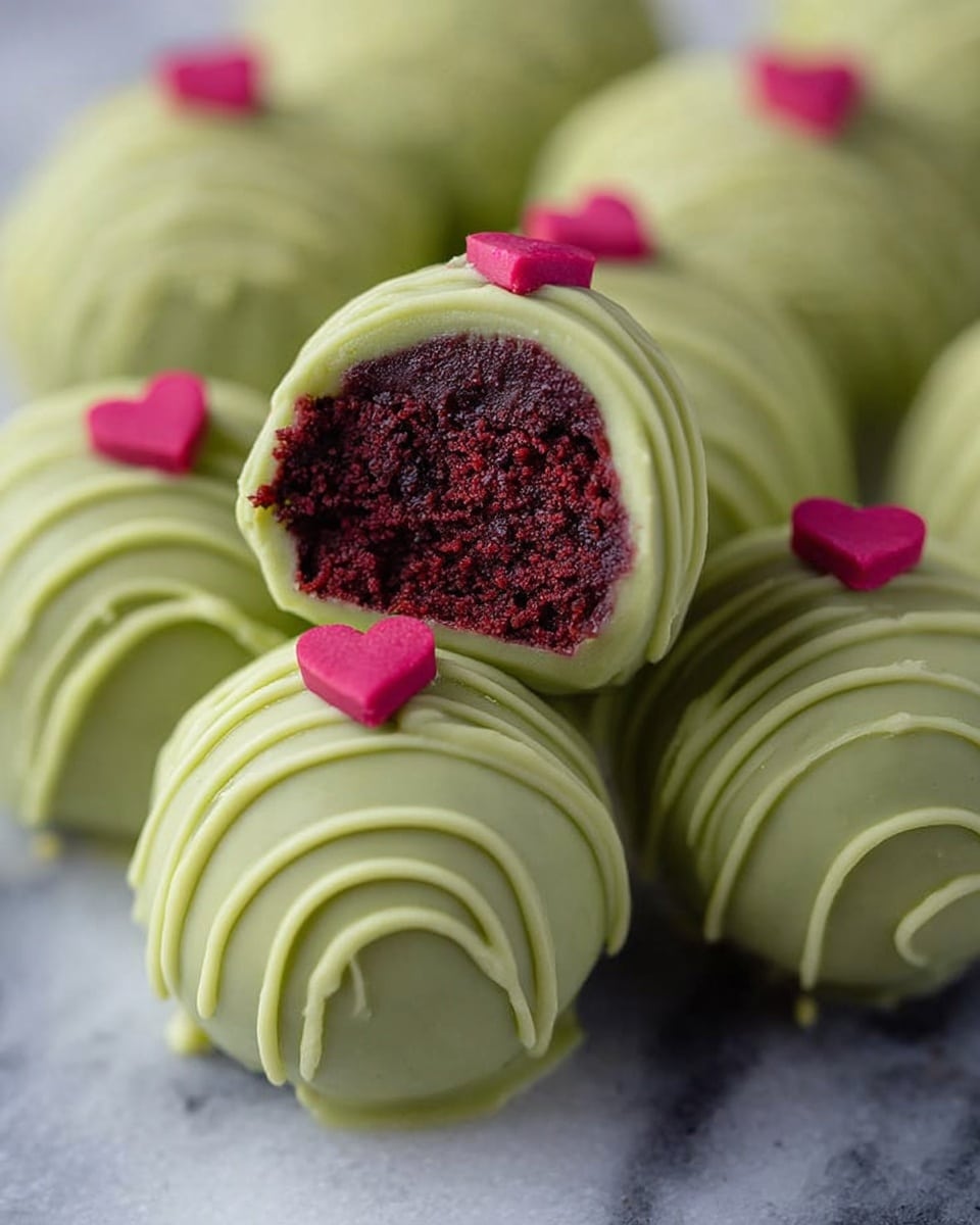 The image shows several round cake balls coated with a smooth, light green layer of icing. Each cake ball has thin lines of the same green icing drizzled over the top, giving texture and detail. Small, bright pink heart decorations sit on top of each cake ball, adding a pop of color. One cake ball is cut in half at the center, revealing a dark red, dense, crumbly cake inside with a moist texture. The cake balls are closely packed together on a white marbled surface. photo taken with an iphone --ar 4:5 --v 7