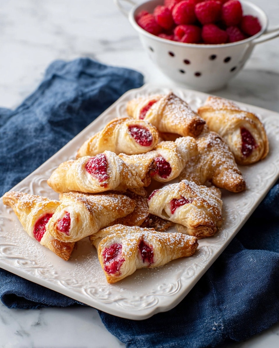 The image shows a white rectangular plate with raised floral edges holding eight folded golden-brown puff pastries, each with a soft, flaky texture. Each pastry is folded into a triangular shape with visible layers of crispy dough, revealing a filling of bright red raspberries inside. The pastries are dusted lightly with white powdered sugar, adding a delicate contrast to the warm tones of the pastry and vibrant red fruit. In the background, there is a white colander filled with fresh raspberries and a dark blue fabric napkin is partially visible under the plate, all placed on a white marbled surface. photo taken with an iphone --ar 4:5 --v 7