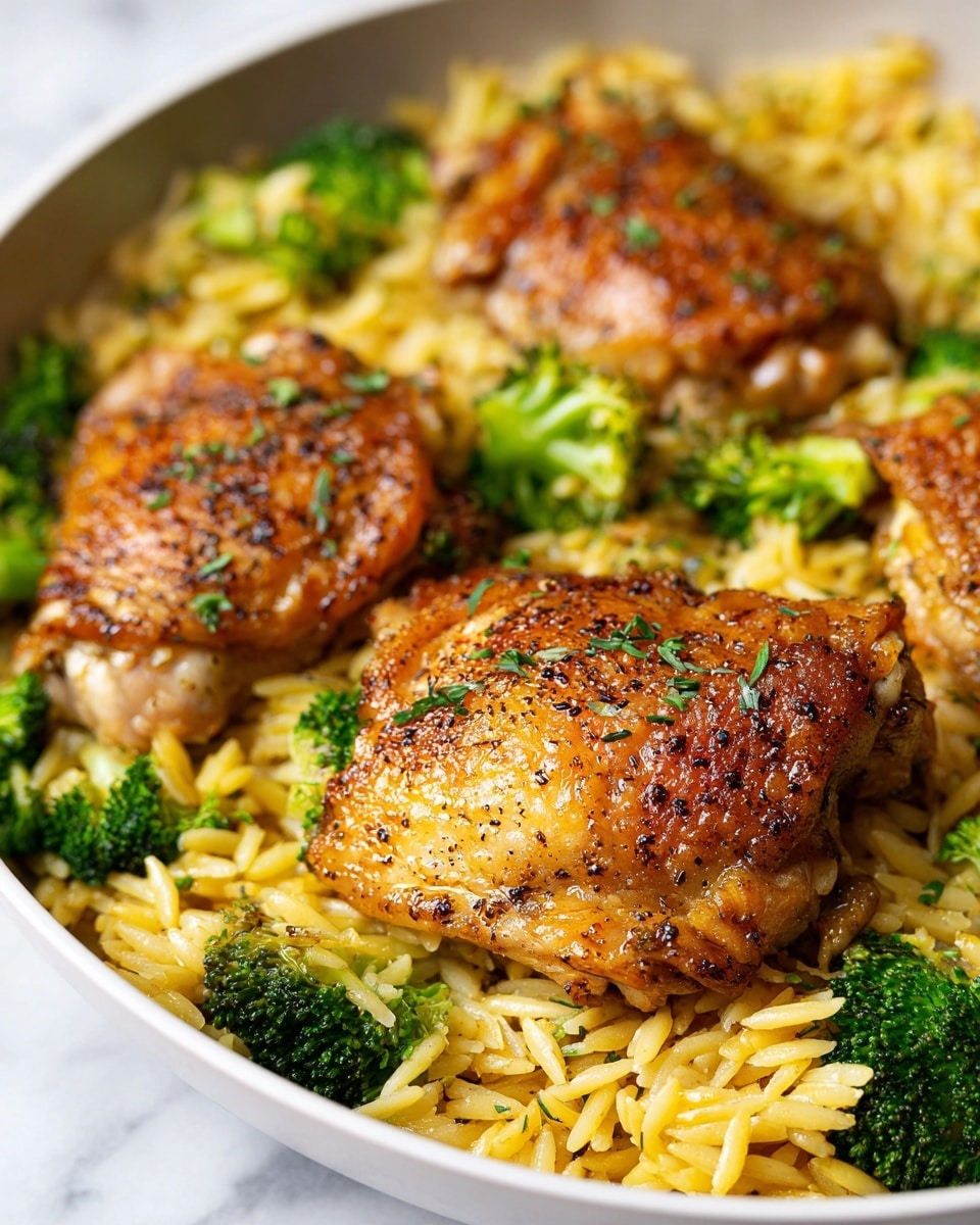 The dish shows a white bowl filled with three pieces of golden brown, crispy chicken thighs placed on top of a bed of yellow orzo pasta mixed evenly with bright green broccoli florets. The chicken thighs have a pepper-speckled, textured skin that looks crunchy and moist underneath, with a few small green herb bits sprinkled on top. The orzo pasta underneath is glossy and well-cooked, with broccoli adding fresh contrasting color scattered throughout the layers. The focus is sharp on the chicken in the front, while the background is slightly blurred, all set against a white marbled surface. photo taken with an iphone --ar 4:5 --v 7
