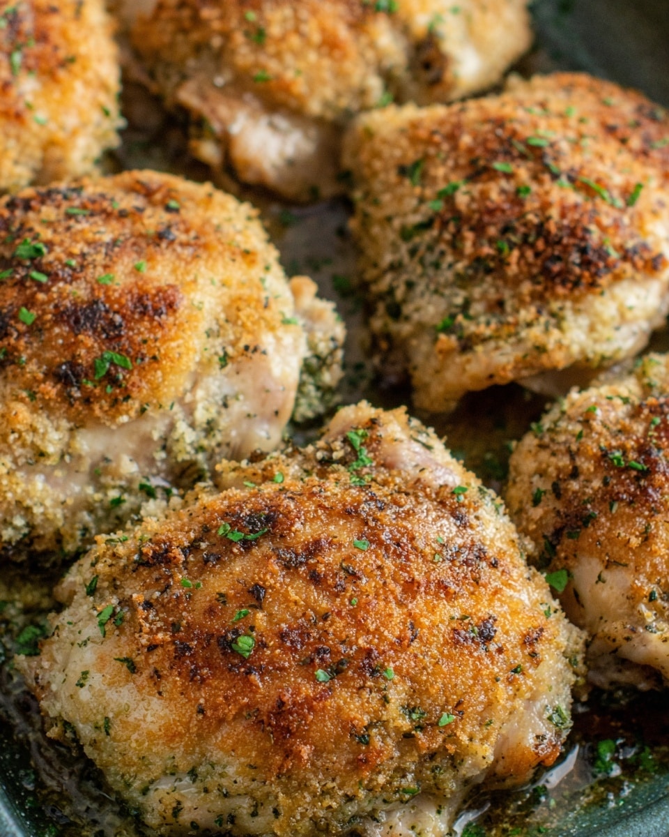 The image shows several cooked chicken thighs in a baking dish, each piece topped with a golden-brown crumb layer mixed with green herbs, giving a slightly crusty texture. The chicken skin underneath peeks out with a light beige to white color, and the surface is sprinkled with finely chopped herbs and seasoning in dark green and brown colors. The chicken pieces sit close together in the dish on a white marbled background that highlights the texture and color contrasts of the crispy coating and tender meat beneath. photo taken with an iphone --ar 4:5 --v 7