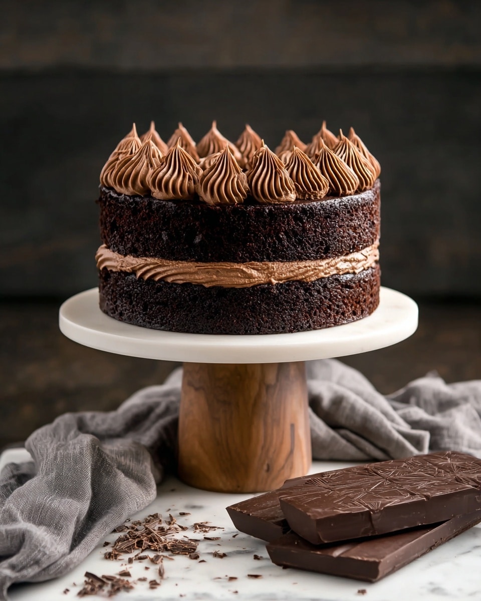 A two-layer dark chocolate cake sits on a white cake stand with a wooden base, placed on a white marbled surface. The bottom and top layers are thick, rich, and very dark brown with a moist texture. Between the two layers is a piped line of light brown chocolate frosting, matching the numerous swirls of the same frosting neatly arranged on top of the cake. To the side on the white marbled surface lies a large block of dark chocolate with small chocolate shavings scattered around it, next to a soft, wrinkled gray cloth. The background is dark and blurred. photo taken with an iphone --ar 4:5 --v 7