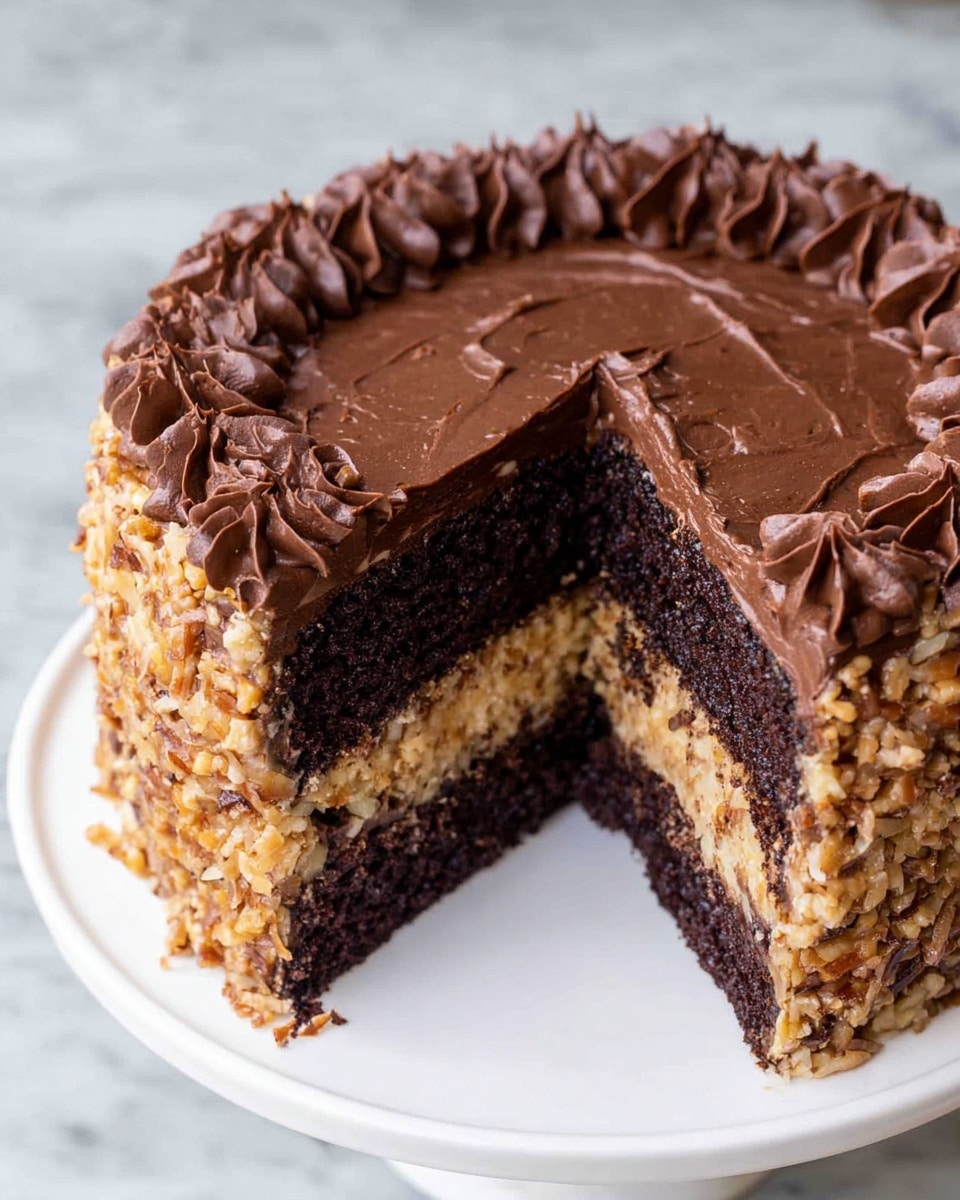 The image shows a two-layer chocolate cake on a white plate, with a slice cut out. The bottom and top layers are dark brown and moist chocolate cake. Between the layers and on top is a light brown coconut and nut topping with a rough, chunky texture. Around the edge on top is a ring of thick swirls of smooth, dark chocolate frosting. The background is a white marbled surface. photo taken with an iphone --ar 4:5 --v 7