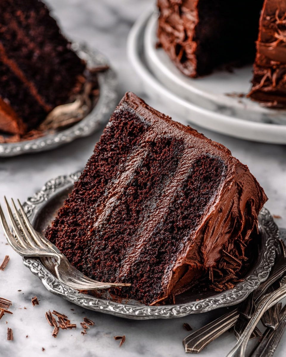 A close-up of a thick slice of chocolate layer cake on a white, ornate metal plate, showing four layers of dark, moist chocolate cake separated by rich, smooth chocolate frosting. The top of the slice has a thick layer of creamy chocolate icing with slightly textured swirls, and chocolate shavings are scattered around the plate and resting against the sides of the cake. The background is a white marbled texture, with parts of two more slices of the same cake visible on similar white plates and two vintage silver forks lying nearby. photo taken with an iphone --ar 4:5 --v 7