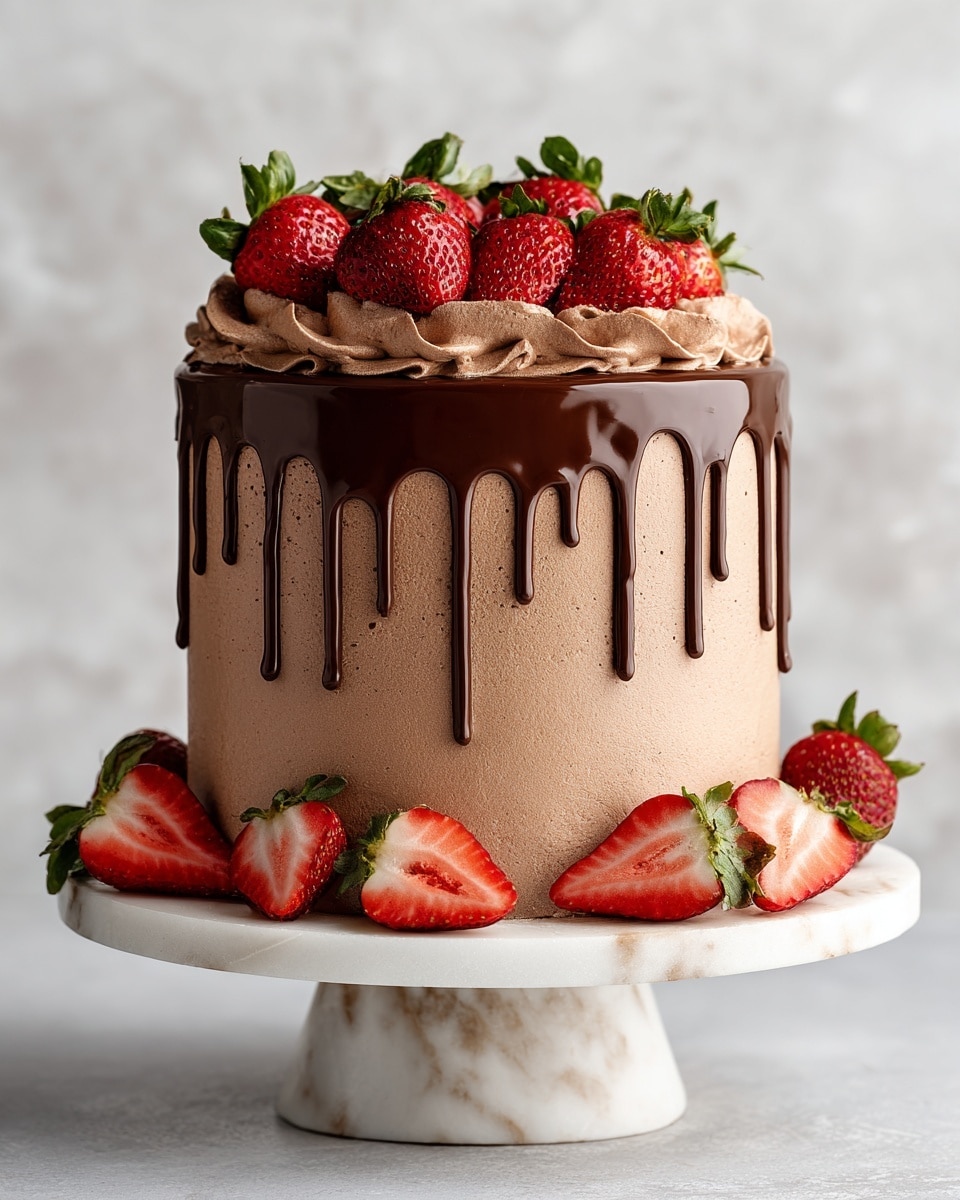 A tall, smooth chocolate cake with a light brown chocolate frosting covers the entire surface, standing on a white marble cake stand. On top, a thick layer of shiny dark chocolate ganache drips down the sides in uneven strands. The top of the cake is decorated with fresh red strawberries, some whole with green leaves, and some cut in half showing their juicy inside. Around the base of the cake on the white marble stand, more whole and halved strawberries add extra color and freshness. photo taken with an iphone --ar 4:5 --v 7