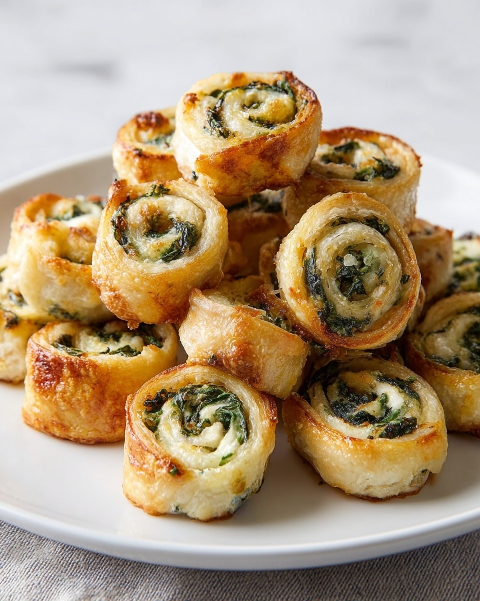 A white plate filled with about fifteen golden brown pinwheel rolls stacked in a small mound. Each roll has two visible layers: a light, crispy outer crust with a slightly shiny texture, and an inner swirl of creamy white filling mixed with dark green leafy bits evenly spread in a spiral shape. The rolls vary slightly in size but maintain a round, bite-sized form with some edges slightly crispier and browned. The background is a white marbled texture, adding a clean and bright look to the image. Photo taken with an iphone --ar 4:5 --v 7