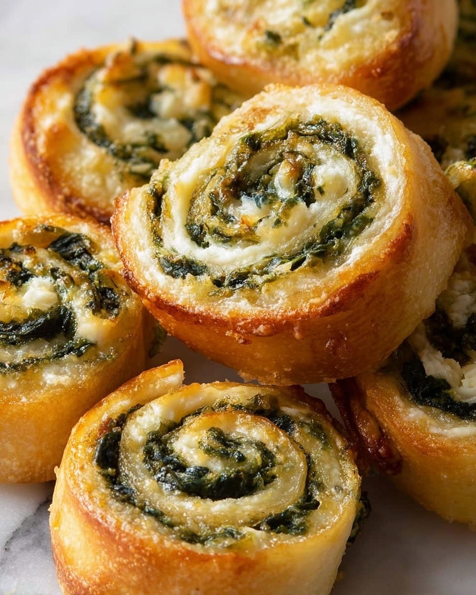 The image shows several spiral rolls stacked closely together, each with three visible layers: a golden, crispy outer crust, a middle white creamy layer, and a dark green leafy layer spiraled inside. The outer crust looks slightly crunchy and browned at the edges. The rolls are resting on a white marbled surface, filling the frame with a warm and inviting look. Photo taken with an iphone --ar 4:5 --v 7