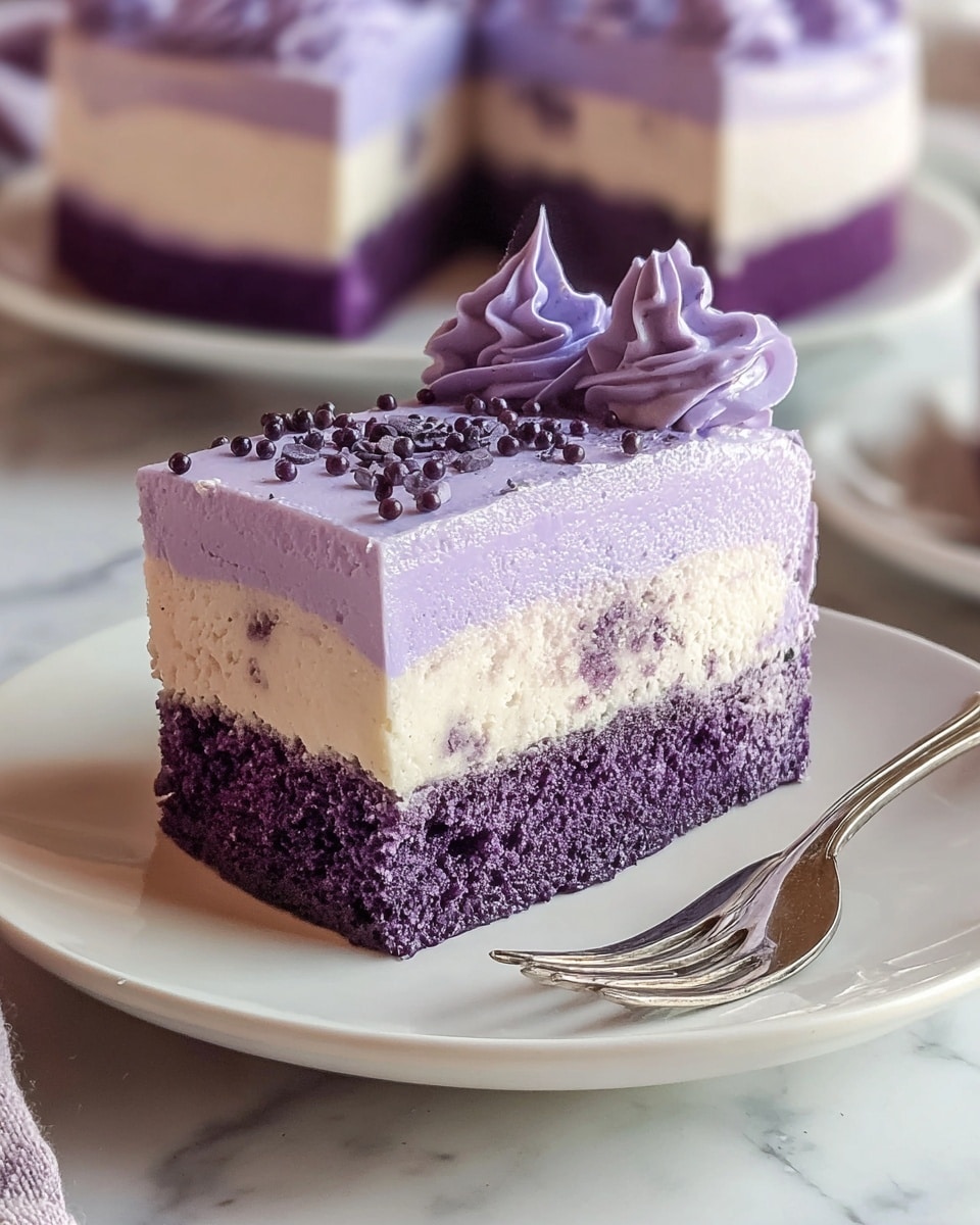 A square slice of cake sits on a white plate with a silver fork next to it, placed on a white marbled surface. The cake has three layers: the bottom layer is a thick, dense purple sponge with a slightly crumbly texture; the middle layer is a creamy white filling with small purple specks; the top layer is a smooth, lavender-colored frosting with soft, piped dollops in the center, decorated with small dark purple round sprinkles. In the background, a larger portion of the whole cake is visible, also with the same layers and frosting. photo taken with an iphone --ar 4:5 --v 7