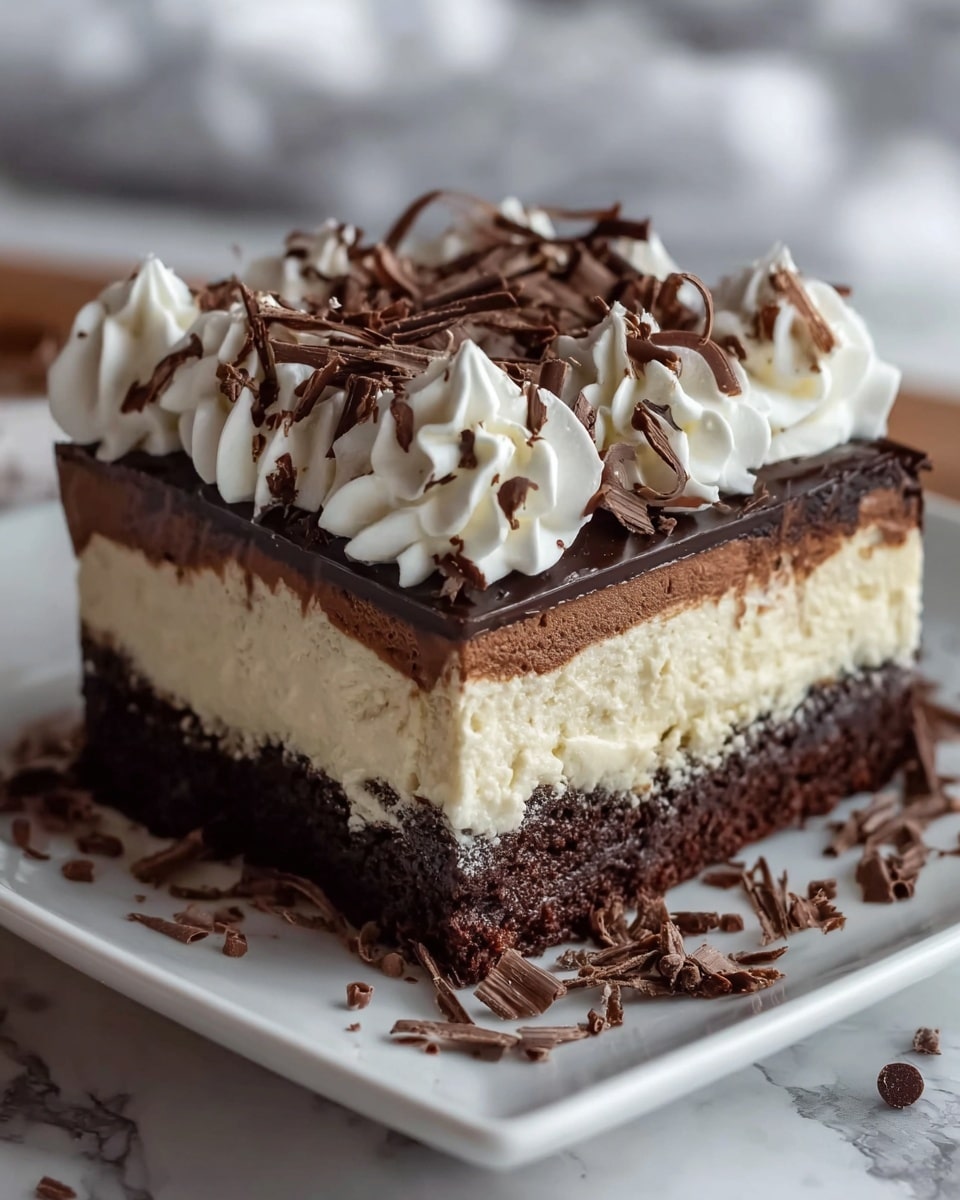 A close-up of a square three-layer dessert on a white plate, placed on a white marbled surface. The bottom layer is thick and dark brown with a crumbly, cake-like texture. The middle layer is thick, creamy, and off-white, smooth and fluffy. The top layer is a glossy, dark chocolate ganache, smooth and shiny. On top of the ganache, there are several swirled dollops of white whipped cream with soft peaks, decorated with dark chocolate shavings that look curly and scattered lightly around the plate as well. Photo taken with an iphone --ar 4:5 --v 7