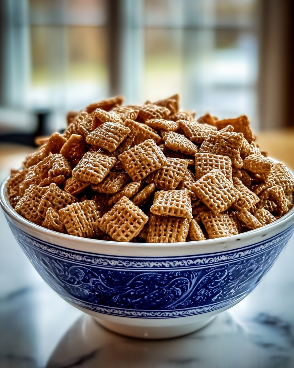 A white bowl with a blue pattern on the outside is filled to the top and slightly overflowing with small, square-shaped crunchy cereal pieces. Each piece has a shiny caramel brown color with a textured, grid-like surface. The bowl sits on a white marbled surface, and the background is softly blurred with natural light coming through windows, giving a warm and cozy feeling. photo taken with an iphone --ar 4:5 --v 7
